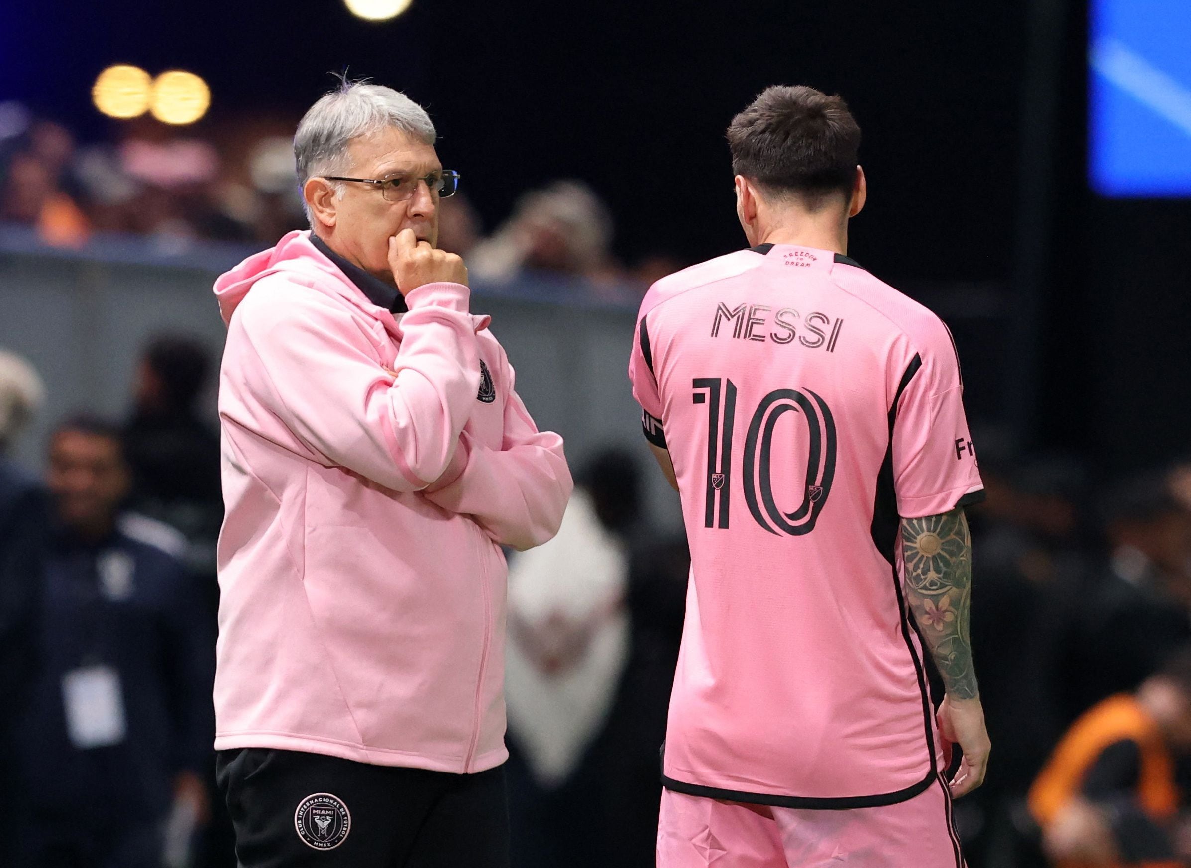 Soccer Football - Friendly - Al Hilal v Inter Miami - Kingdom Arena, Riyadh, Saudi Arabia - January 29, 2024 Inter Miami coach Gerardo Martino and Lionel Messi REUTERS/Ahmed Yosri