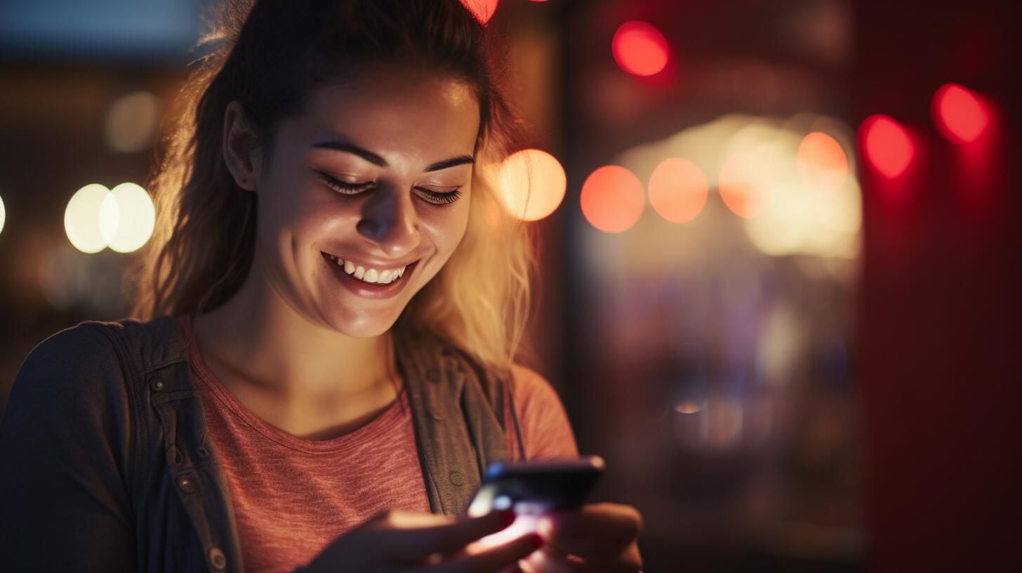 Imagen de una mujer feliz mirando su celular con expresión enamorada. Representa la conexión digital y las emociones en las relaciones modernas. (Imagen ilustrativa Infobae)