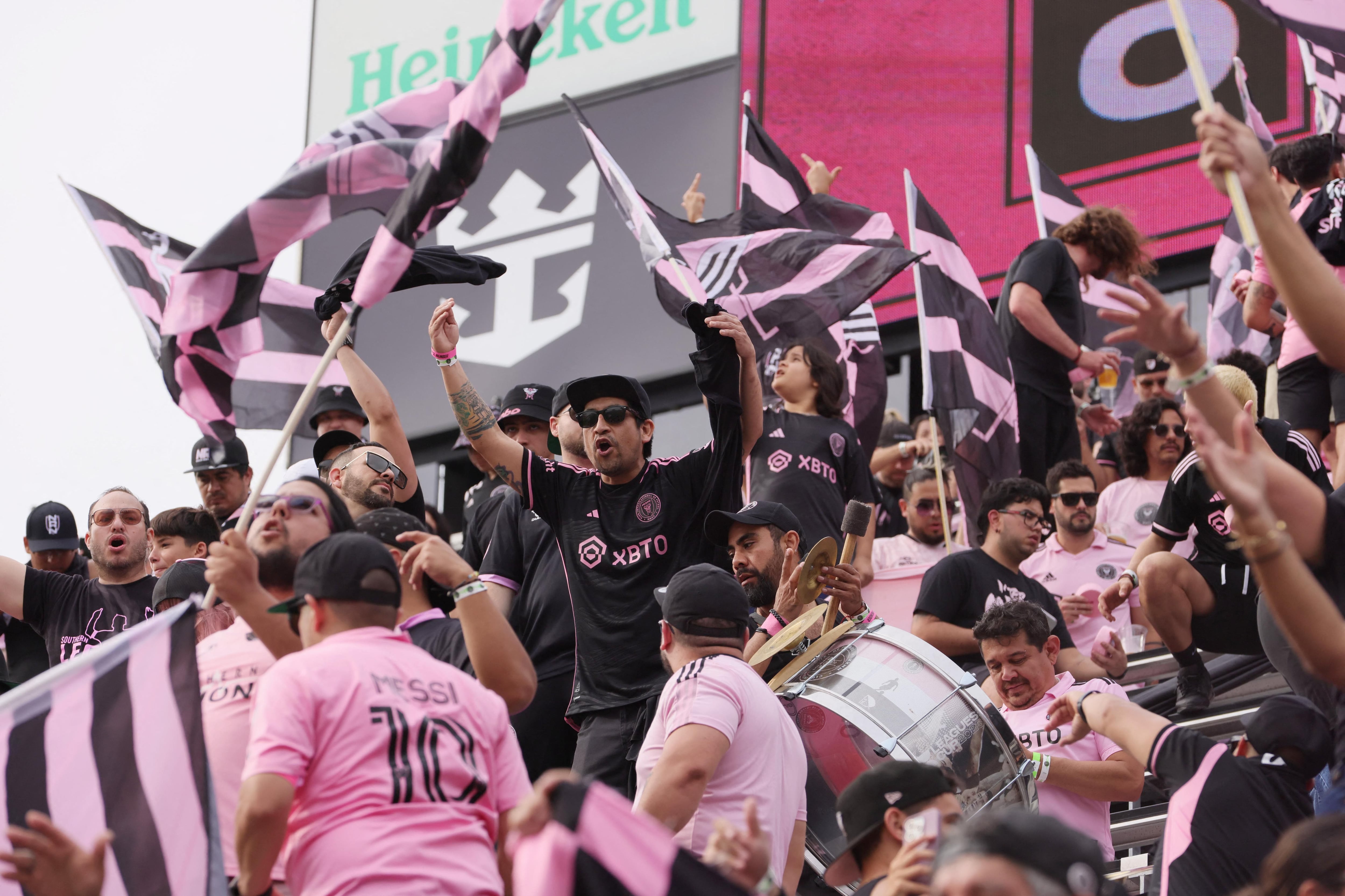 Mar 2, 2024; Fort Lauderdale, Florida, USA; Inter Miami CF fans cheer before the game against Orlando City at Chase Stadium. Mandatory Credit: Sam Navarro-USA TODAY Sports