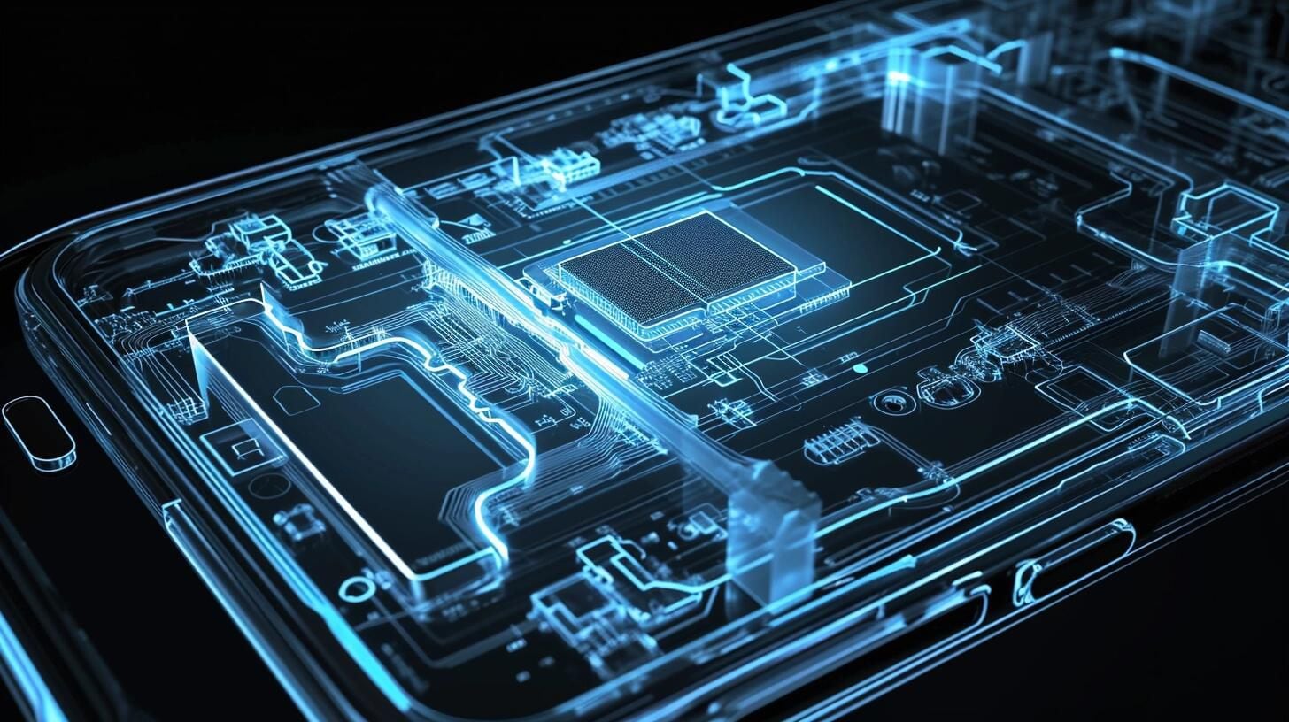 Imagen de la radiografía de un smartphone, destacando el microchip y la CPU, así como los complejos circuitos y componentes electrónicos. Esta vista interna simboliza la avanzada tecnología y computación implicadas en los dispositivos móviles actuales, desde la inteligencia artificial hasta la conectividad con internet. Representa la intersección de la informática, AI y robótica en el desarrollo de la tecnología móvil. (Imagen ilustrativa Infobae)