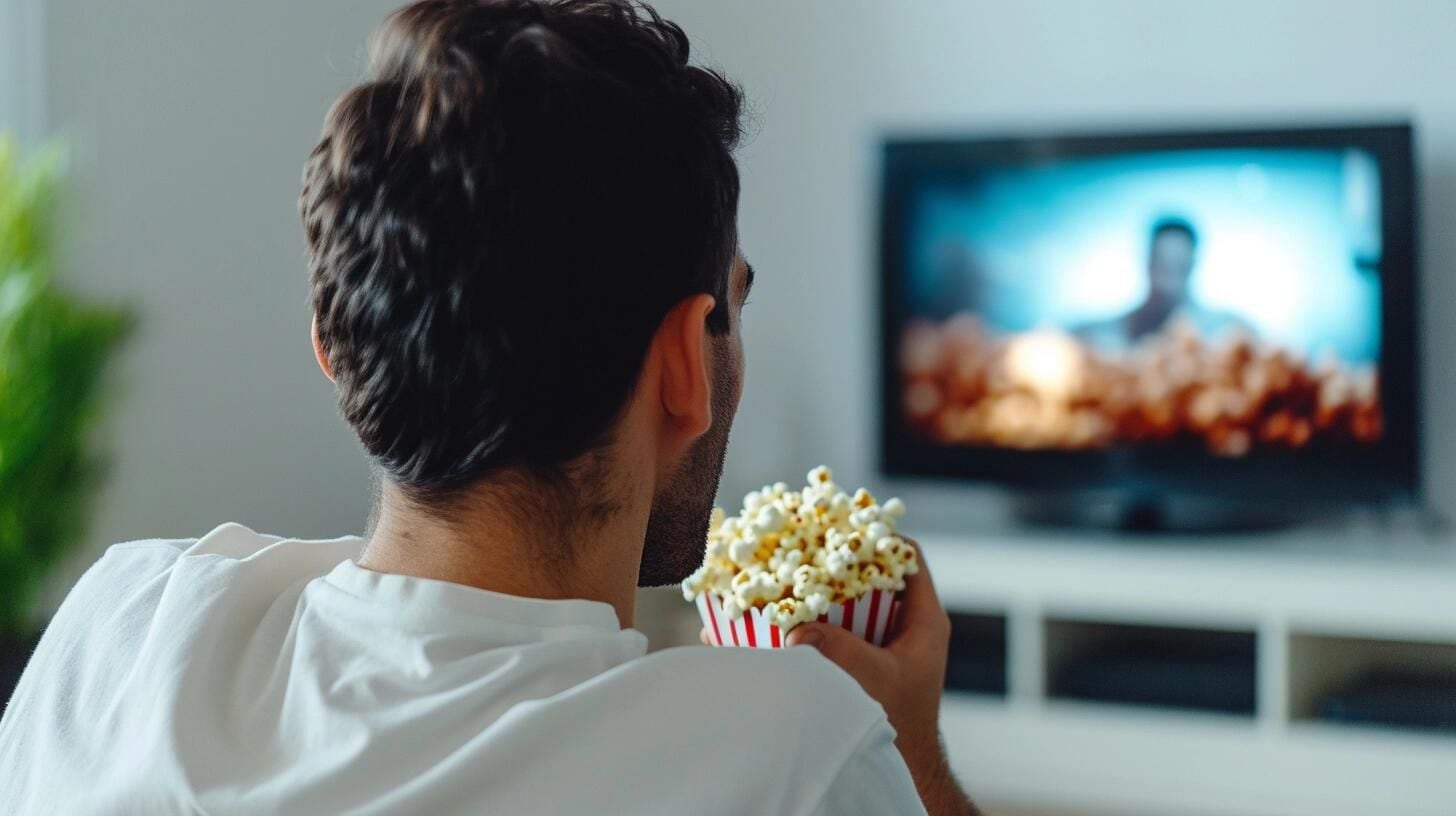 Text: Individuo relajado viendo televisión en el salón de su hogar, aprovechando las opciones de streaming para un maratón de sus programas favoritos, destacando el papel del internet en el ocio moderno.