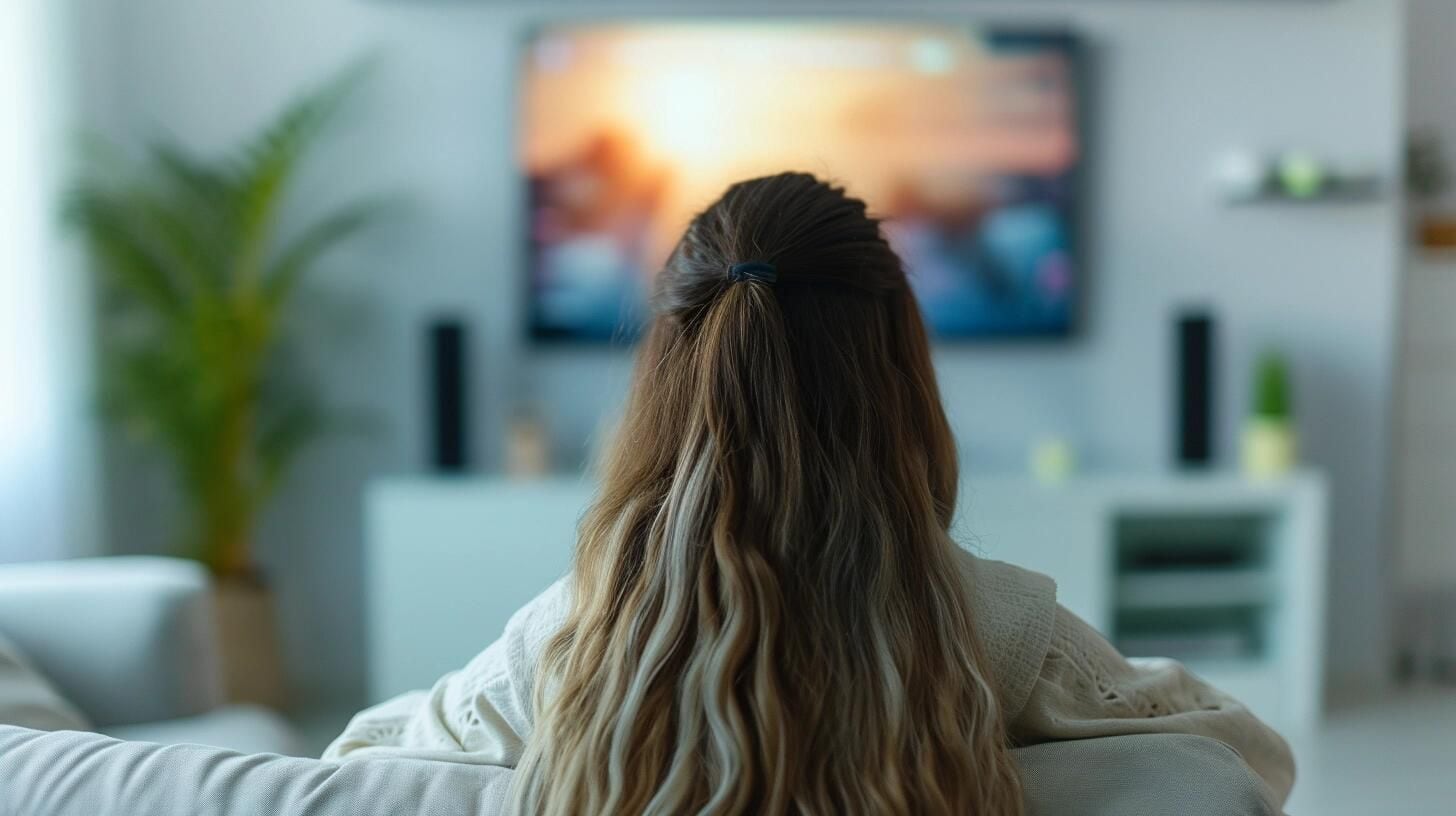 Mujer joven sentada en el living de su casa, mirando atentamente la televisión, conectada a una app de streaming. La habitación está iluminada suavemente, creando un ambiente acogedor para su maratón de cine y series. Ella navega por la programación de fin de semana, eligiendo su entretenimiento a través de internet. (Imagen ilustrativa Infobae)