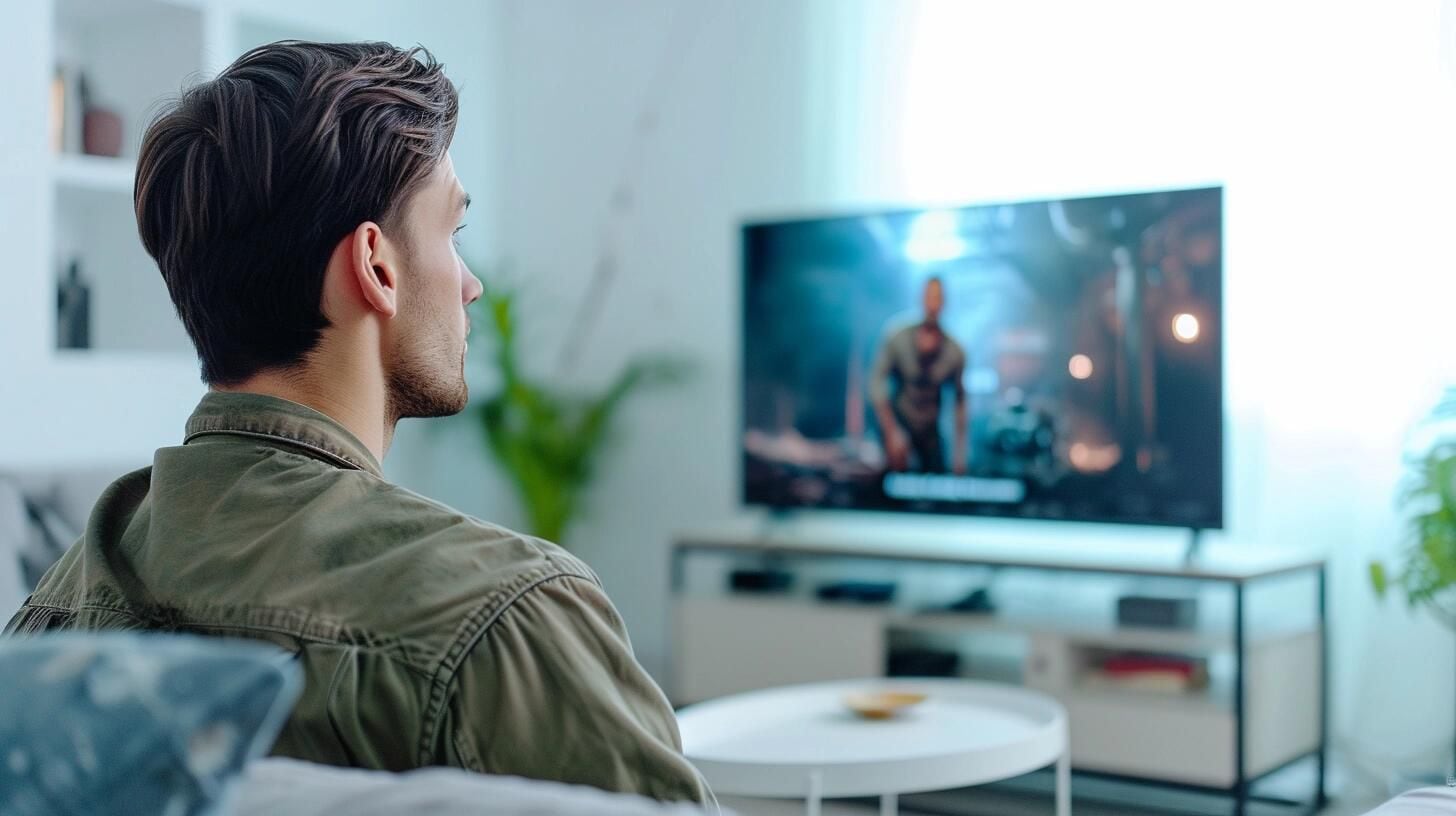 Text: Individuo relajado viendo televisión en el salón de su hogar, aprovechando las opciones de streaming para un maratón de sus programas favoritos, destacando el papel del internet en el ocio moderno.