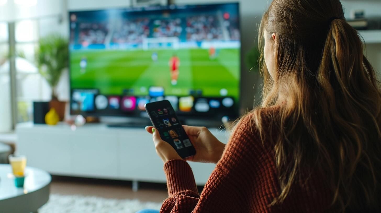 Un individuo concentrado en su teléfono móvil, con un televisor encendido en el fondo mostrando una película o serie. La imagen captura la realidad de cómo los smartphones y el acceso a internet y redes sociales han cambiado la manera en que interactuamos con los medios tradicionales, mostrando la tendencia de dividir nuestra atención entre distintas pantallas en nuestra vida diaria. (Imagen ilustrativa Infobae)