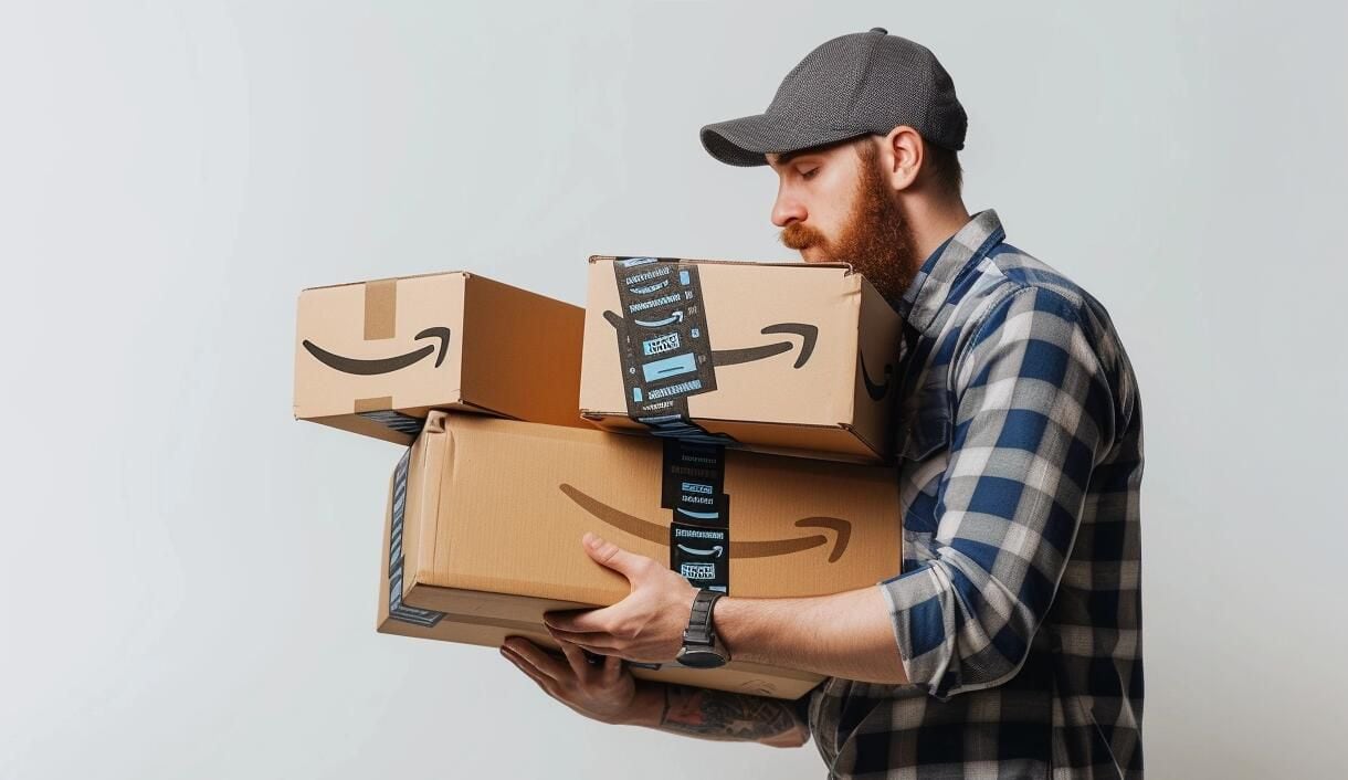 Trabajador de delivery carga cajas de Amazon, asegurando el transporte seguro y eficiente de pedidos internacionales hasta la puerta del cliente, superando barreras de aduana e importación. Representa la evolución de las compras en tiendas online. (Imagen ilustrativa Infobae)