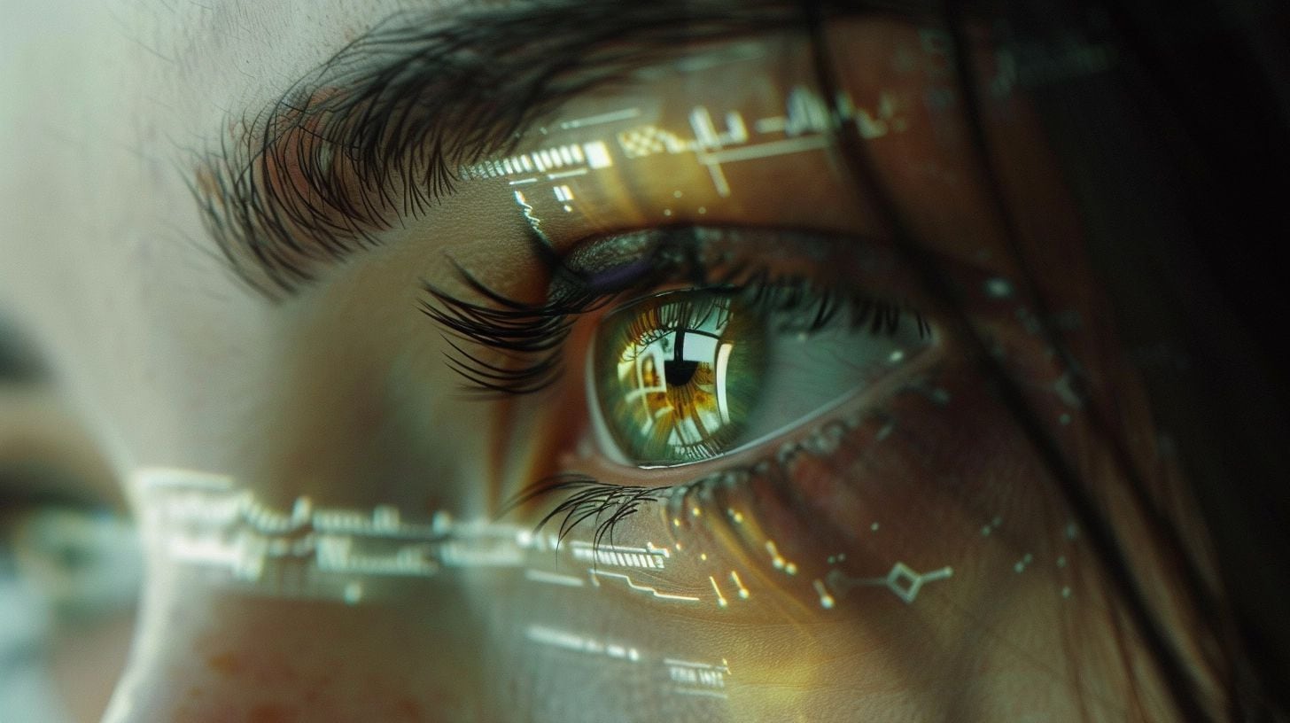 Detalle de un ojo femenino visualizando datos complejos mediante un asistente de realidad aumentada, representando la integración avanzada de la inteligencia artificial y la tecnología en nuestra interacción con el mundo digital y el internet del futuro. (Imagen ilustrativa Infobae)