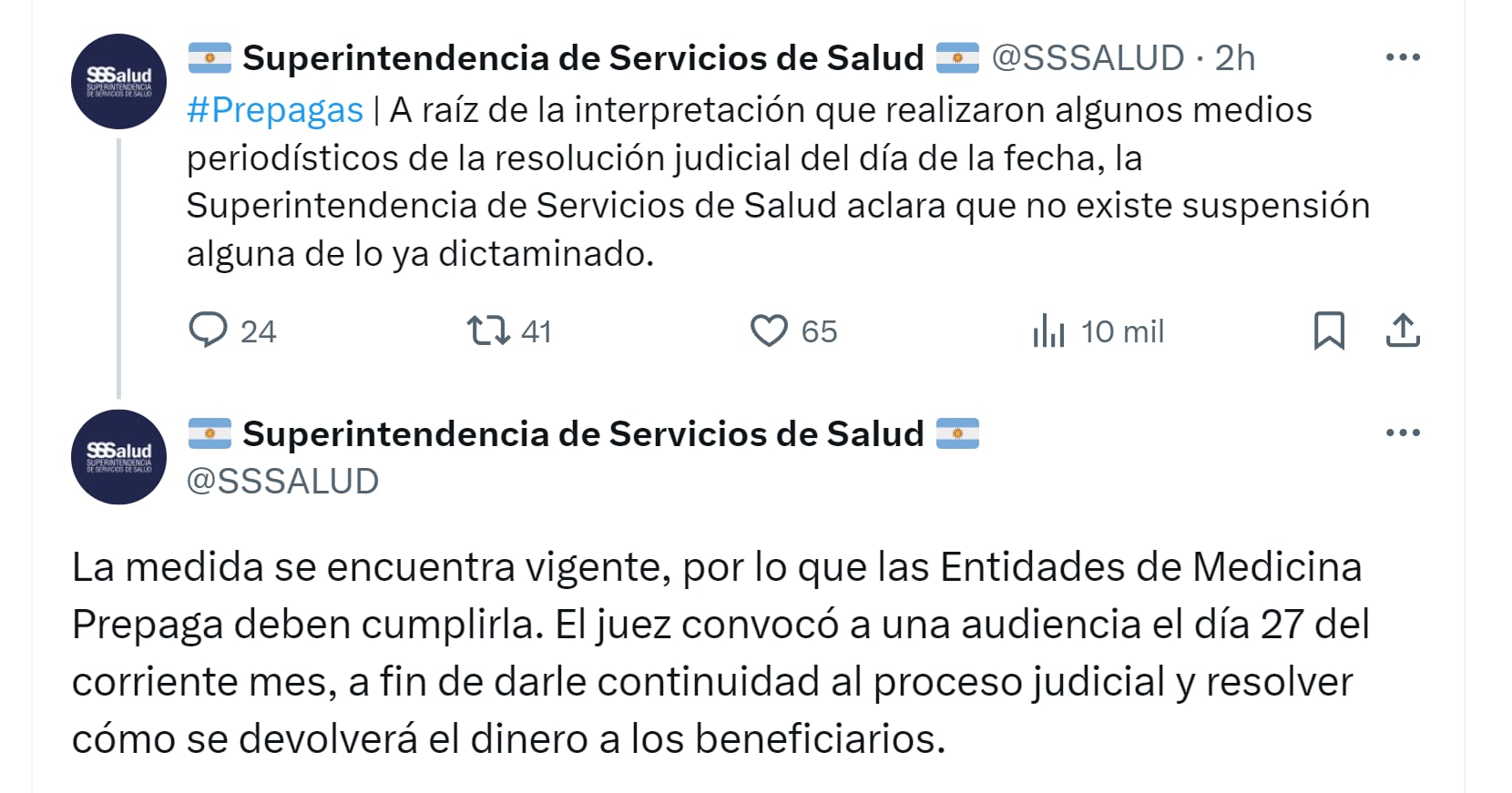 Aclaración de la Superintendencia de Servicios de Salud