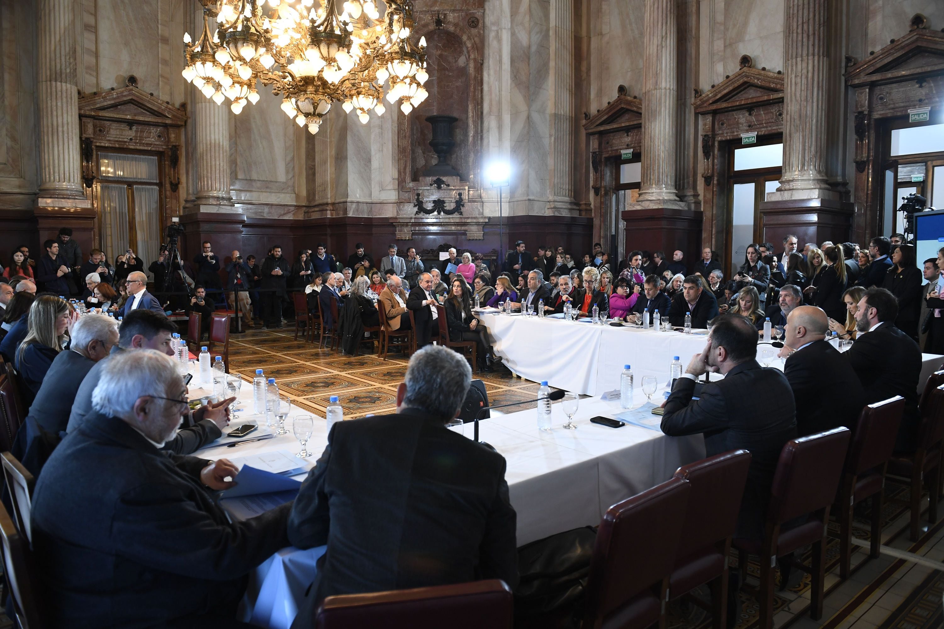 Reunión plenaria de las comisiones de Legislación General, de Presupuesto y Hacienda y de Asuntos Constitucionales en el salón Azul del Honorable Senado de la Nación; el 29 de mayo de 2024, en Buenos Aires, Argentina.