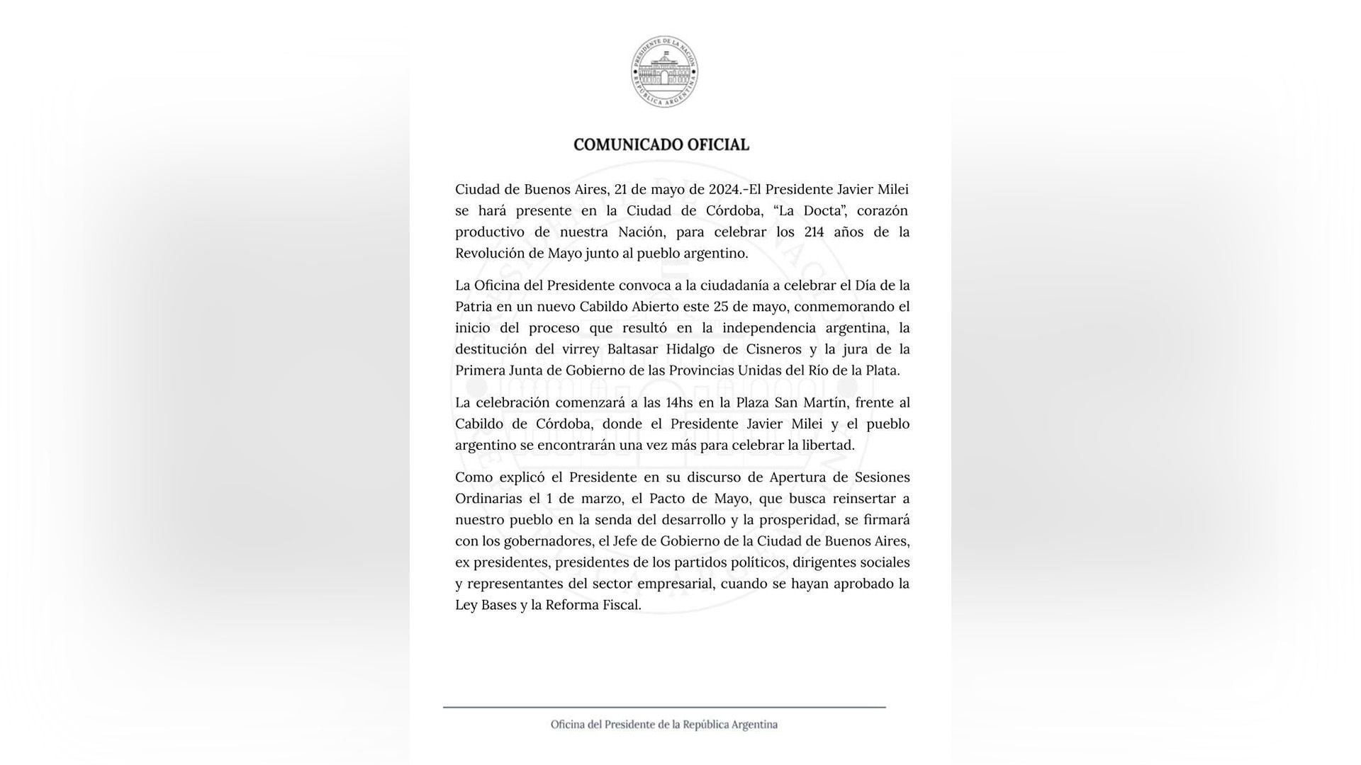 El Gobierno hizo oficial el acto de Milei por el 25 de Mayo sin pacto con los gobernadores