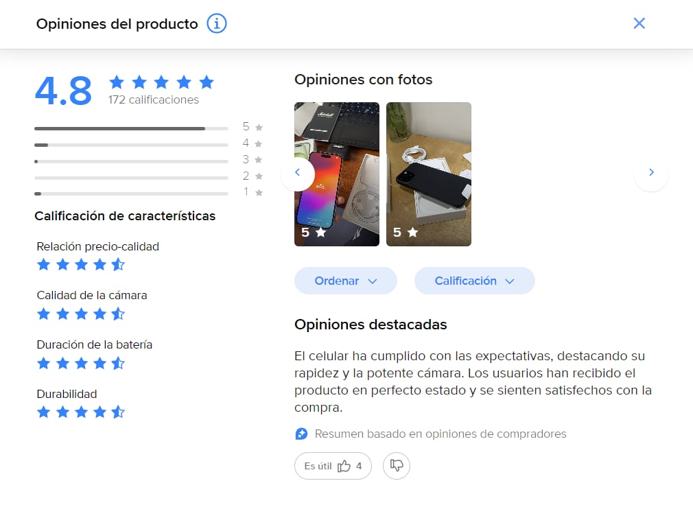 Mercado Libre ofrece resúmenes de los comentarios. (Mercado Libre)