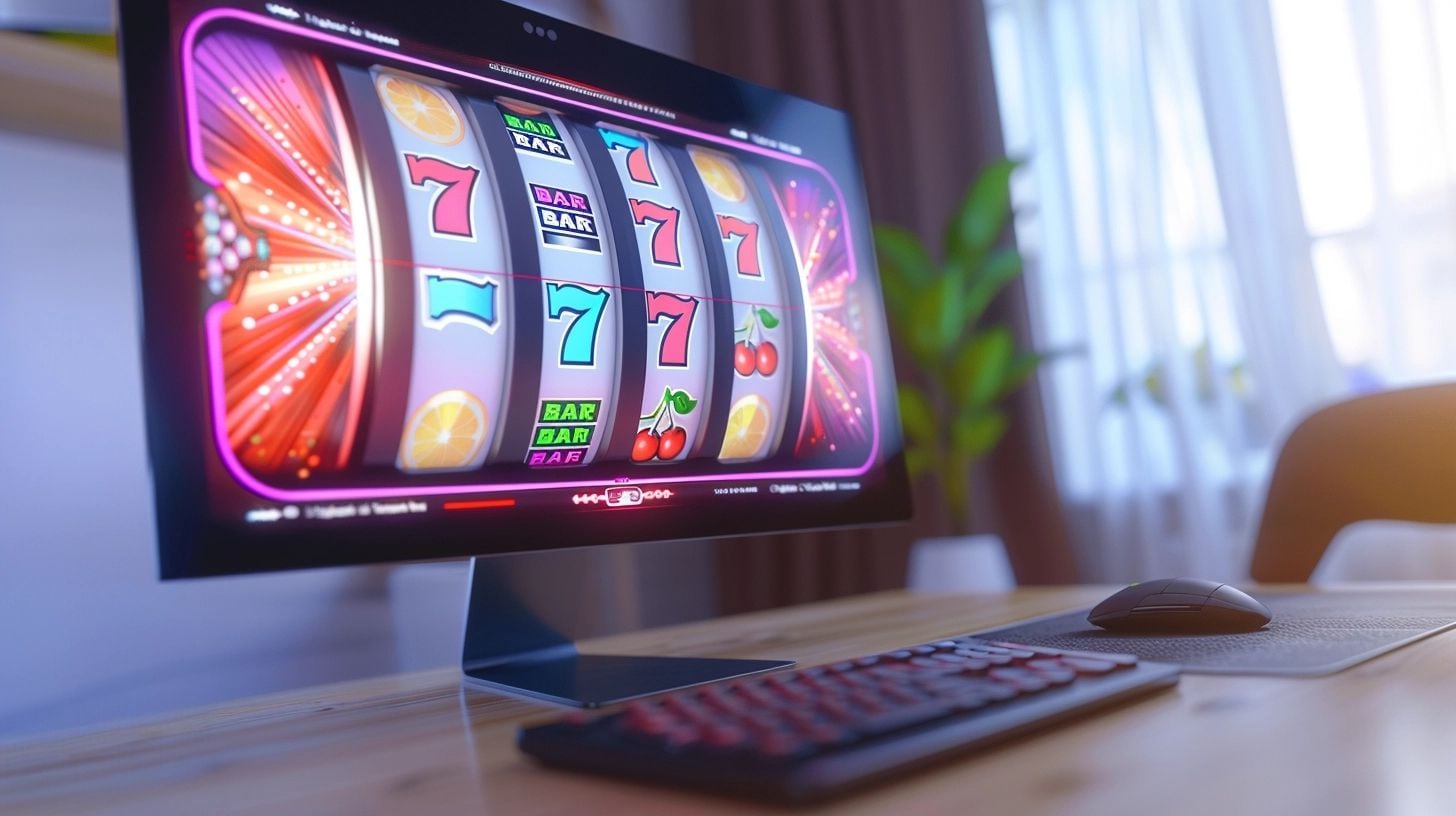 Una computadora con una pantalla de juego de tragamonedas, rodeada de fichas de casino y con apuestas en línea, ofrece una experiencia de juego emocionante y llena de emoción. El juego de tragamonedas es un clásico de los casinos que ahora se puede disfrutar en línea, permitiendo a los jugadores apostar y ganar desde la comodidad de su hogar. La imagen muestra una laptop con un juego de tragamonedas en la pantalla, rodeada de fichas de casino y con un fondo de color azul. (Imagen ilustrativa Infobae)