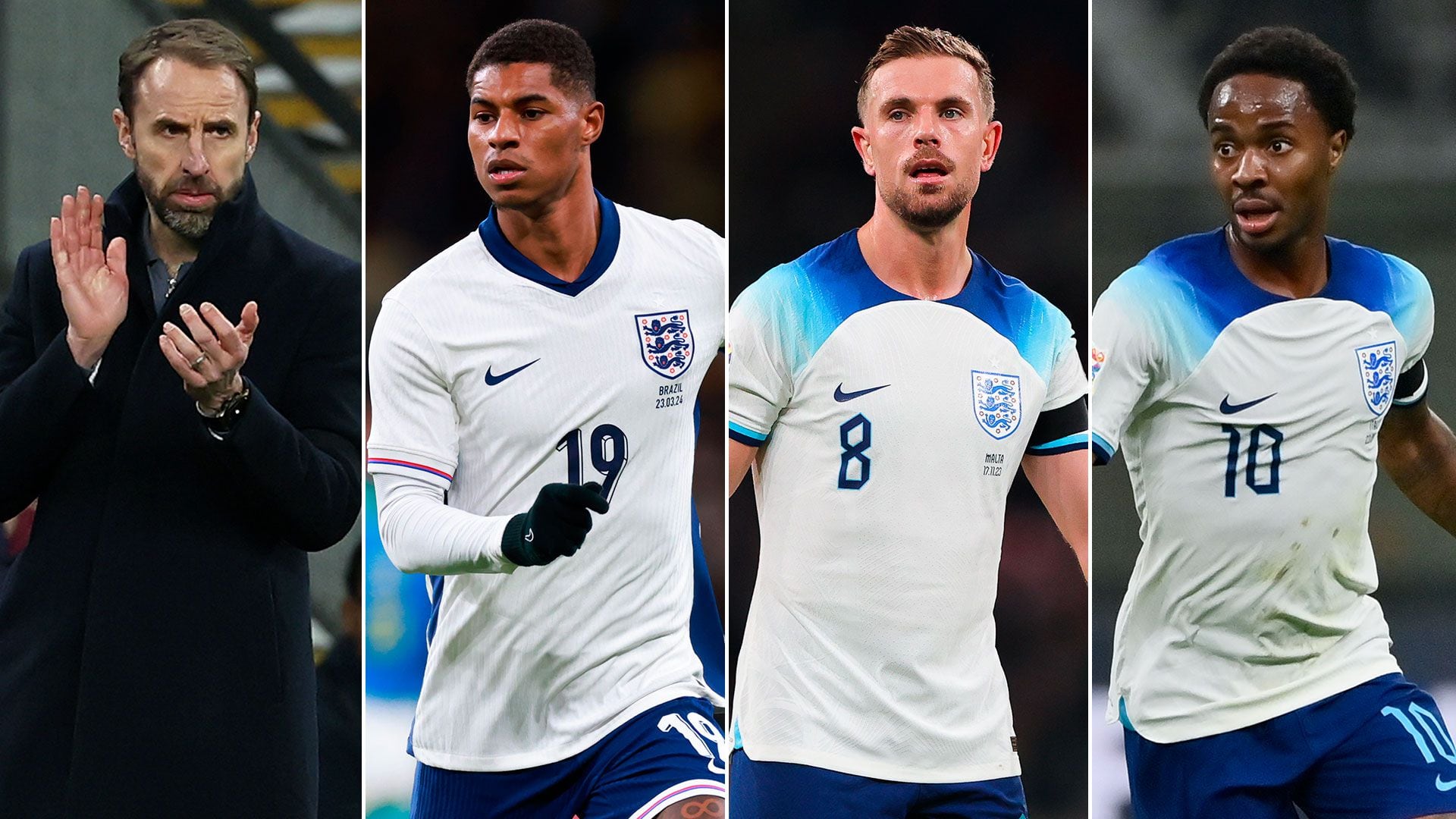 Gareth Southgate, Marcus Rashford, Jordan Henderson y Raheem Sterling 1920