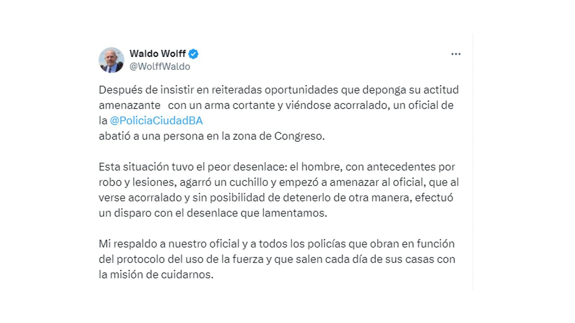 Waldo Wolff - Policía que mató a un atacante en Balvanera
