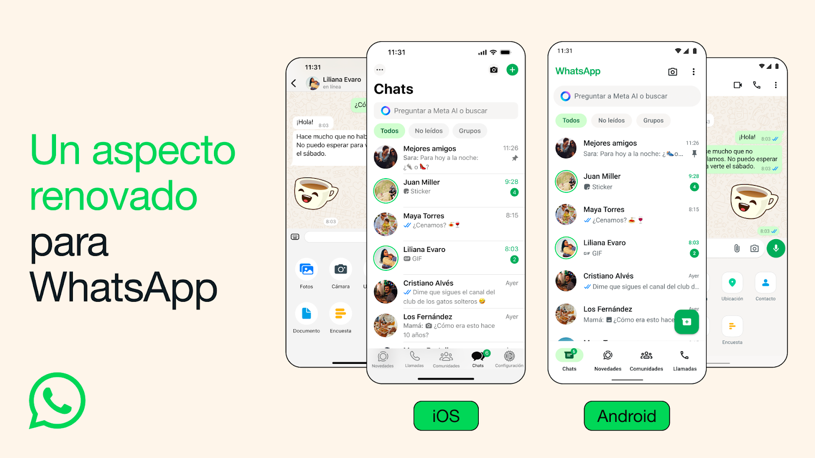 La aplicación hizo una gran renovación de su diseño, tanto en dispositivos Android como en iOS. (WhatsApp)