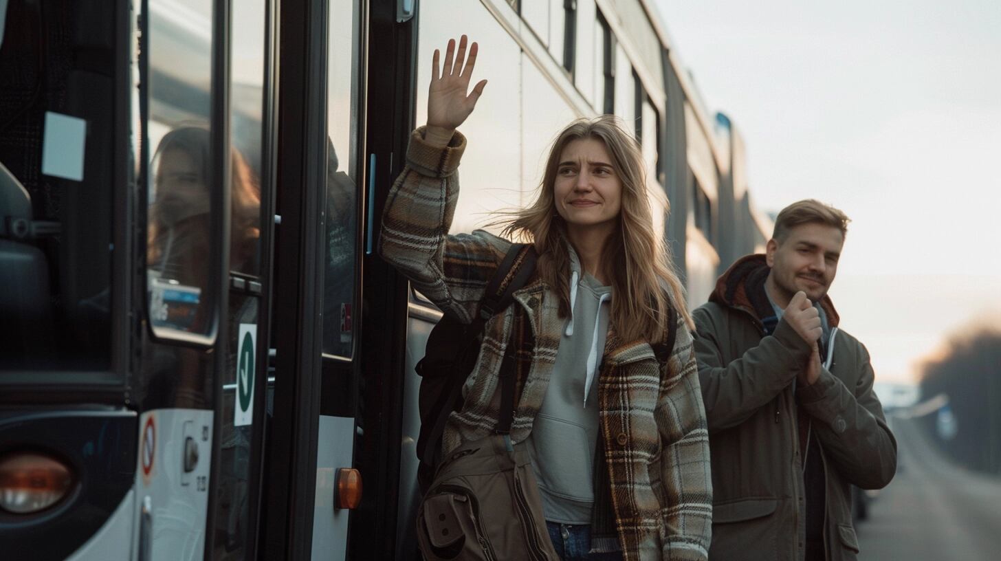 Dos personas en una estación de bus, compartiendo un último abrazo antes de que uno de ellos se embarque en un micro para un viaje prolongado. La imagen refleja el cariño y la conexión entre ellos, evidenciando cómo las despedidas pueden ser momentos significativos de aprecio y amor, anticipando el reencuentro. (Imagen ilustrativa Infobae)