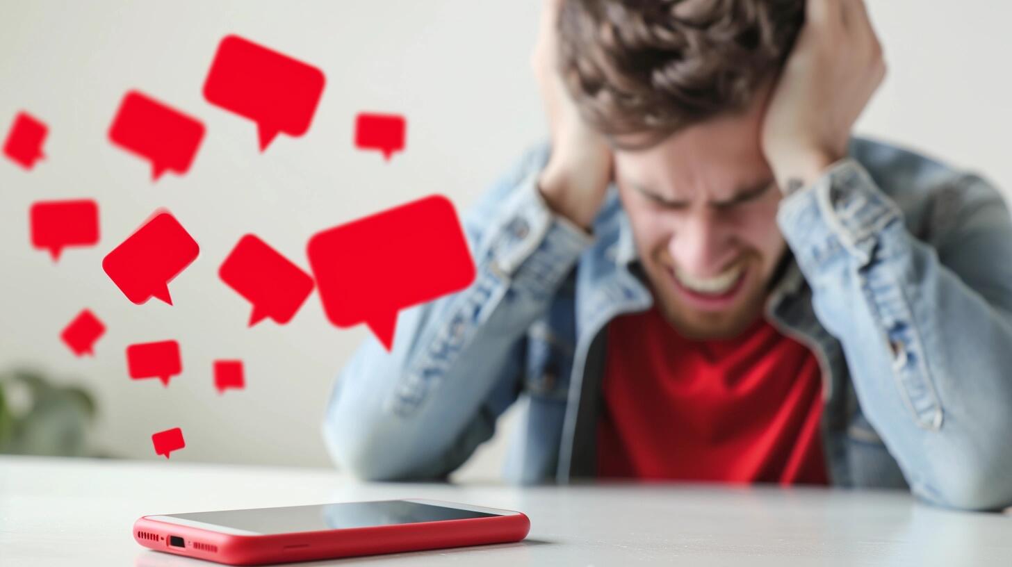 Joven mirando su smartphone con una expresión de estrés y preocupación, rodeado por íconos de notificaciones, mensajes y 'likes' de redes sociales como Instagram. La fotografía captura el impacto de la constante conectividad online en la salud mental y la ansiedad en la era digital. (Imagen ilustrativa Infobae)