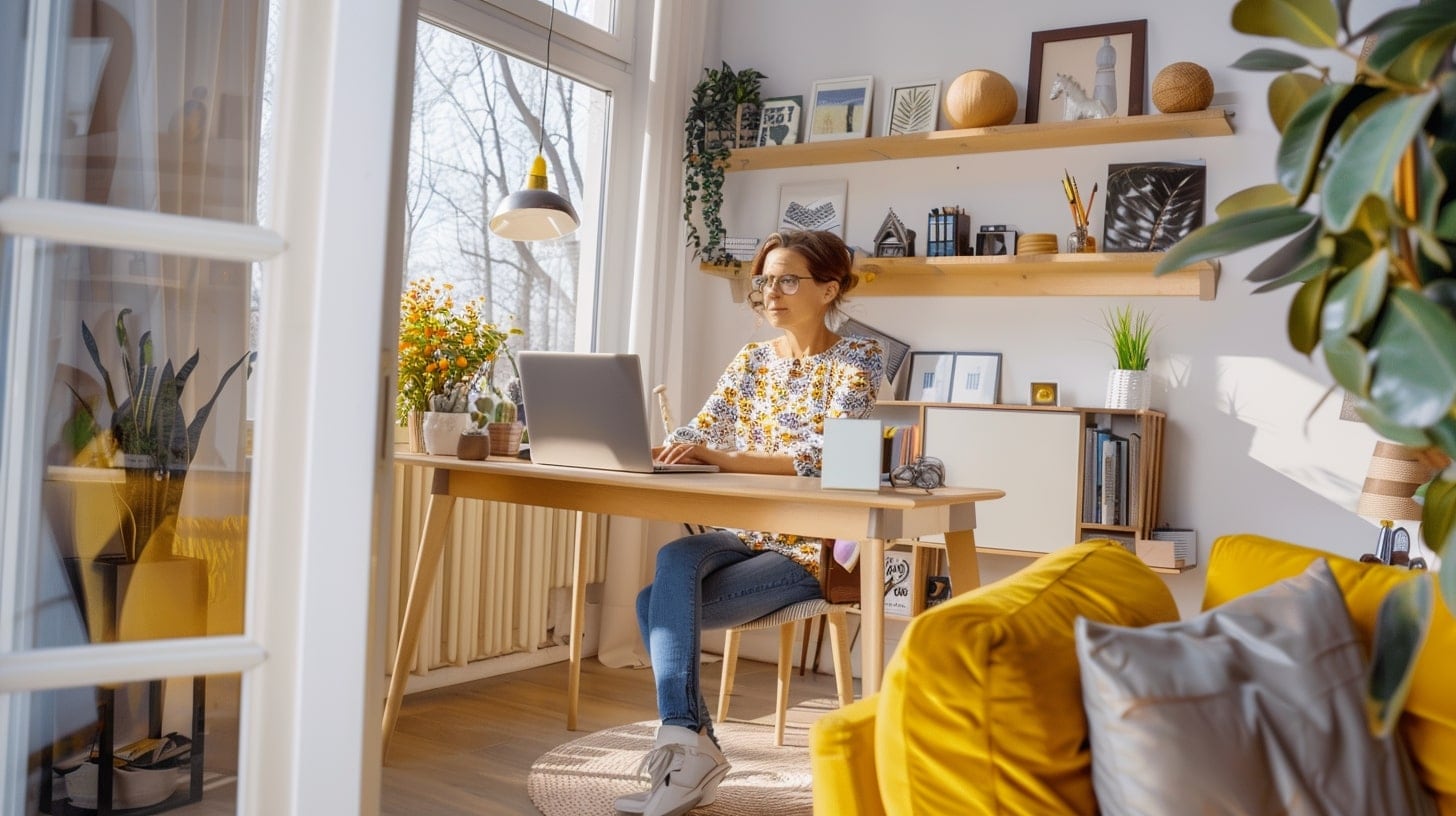 Mujer en teletrabajo, oficina en casa, productividad remota, espacio de trabajo doméstico, concentración laboral - (Imagen Ilustrativa Infobae)