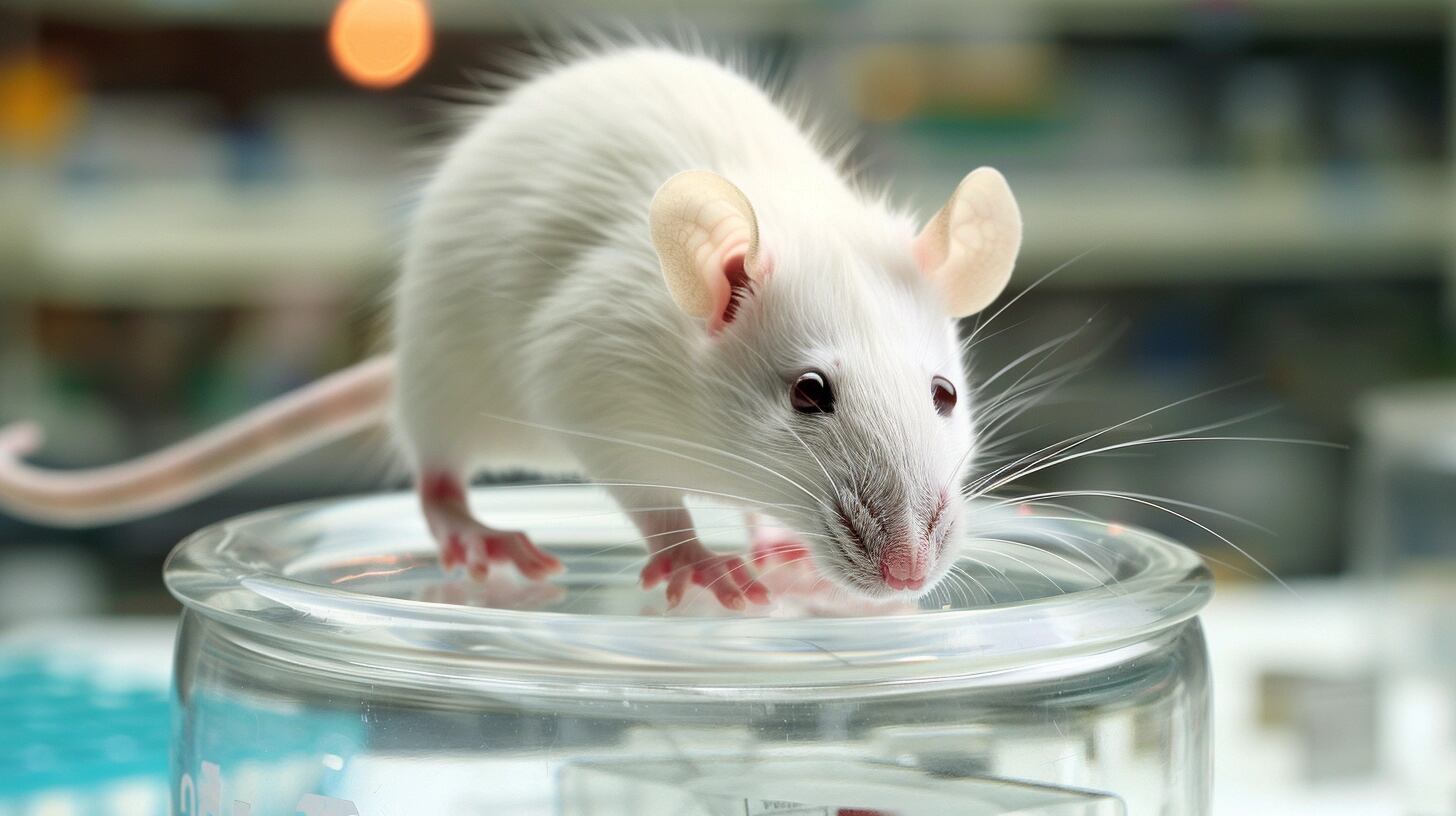 Un ratón blanco de laboratorio se encuentra sobre un recipiente de vidrio, en un entorno científico donde se realizan pruebas con animales para el desarrollo de fármacos y nuevas investigaciones en el campo de la salud. (Imagen ilustrativa Infobae)