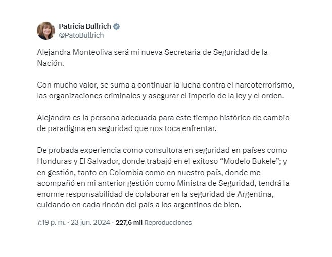 Patricia Bullrich, confirmando la designación de Alejandra Monteoliva