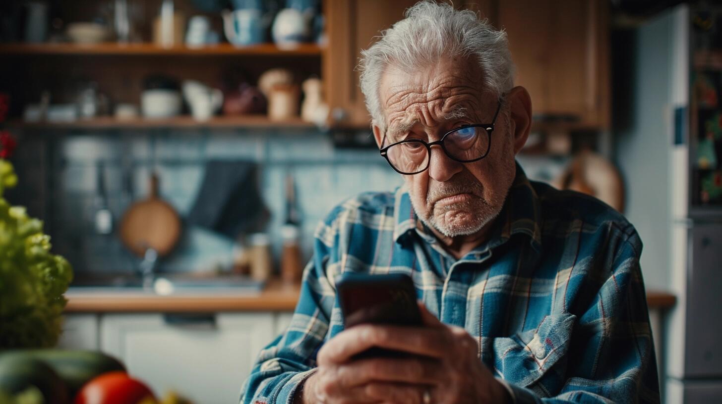 Anciano mirando con confusión y descontento un smartphone, simbolizando la brecha generacional en el uso de la tecnología. La imagen muestra la realidad de muchos abuelos que se esfuerzan por entender y conectar con el mundo digital, incluyendo el internet y las redes sociales. Refleja la importancia de la paciencia y el apoyo en la enseñanza tecnológica a personas de la tercera edad. (Imagen ilustrativa Infobae)
