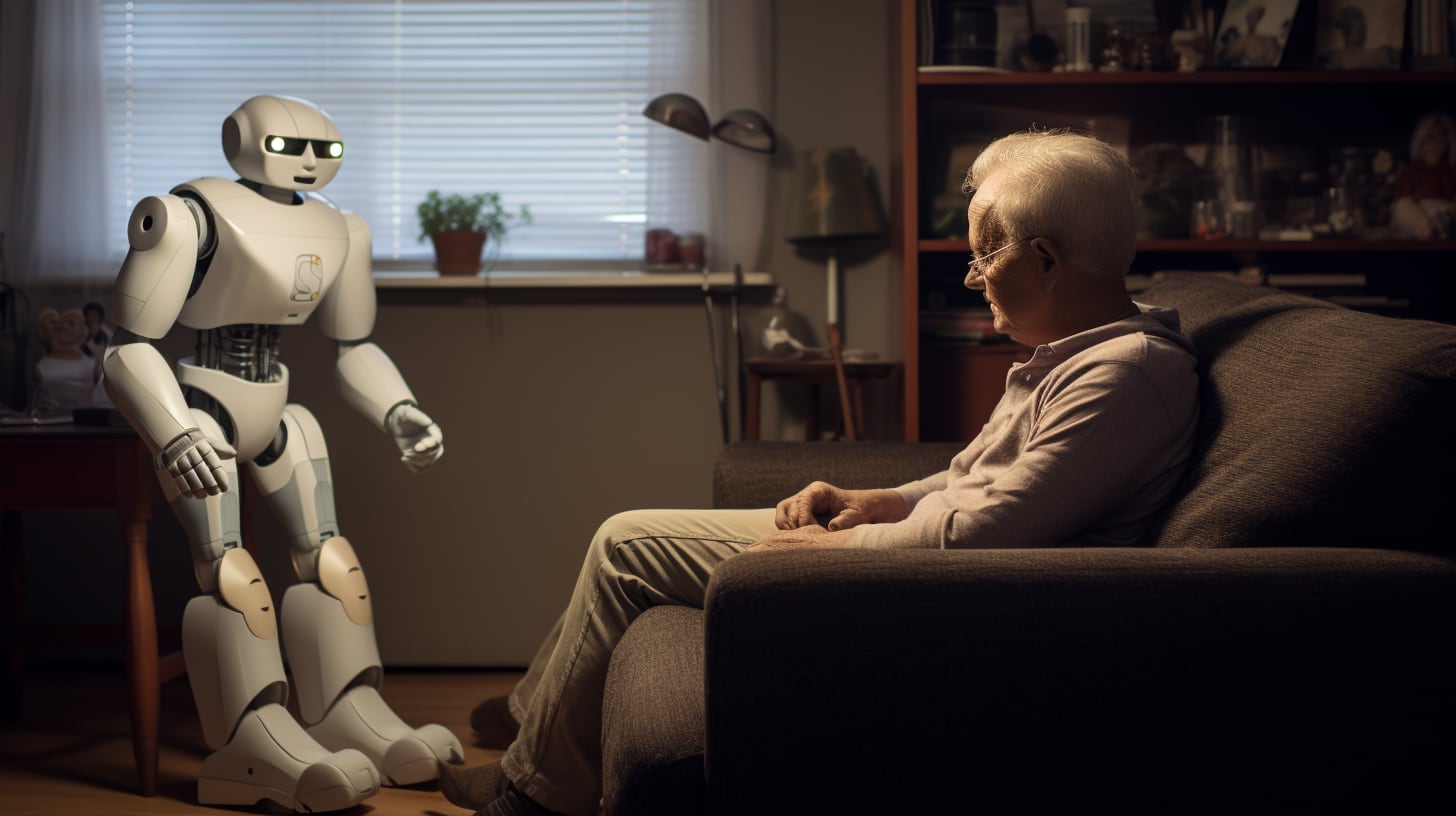 Robot interactuando amigablemente con un adulto mayor, brindando compañía y asistencia en un entorno futurista. La tecnología y la inteligencia artificial transforman el cuidado de la tercera edad. (Imagen ilustrativa Infobae)