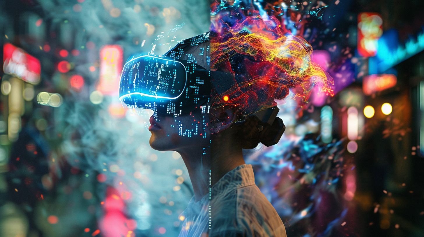 Una escena dividida de una mujer adulta con un casco, headset de realidad virtual, aumentada, contraste entre realidad y entorno virtual - (Imagen Ilustrativa Infobae)