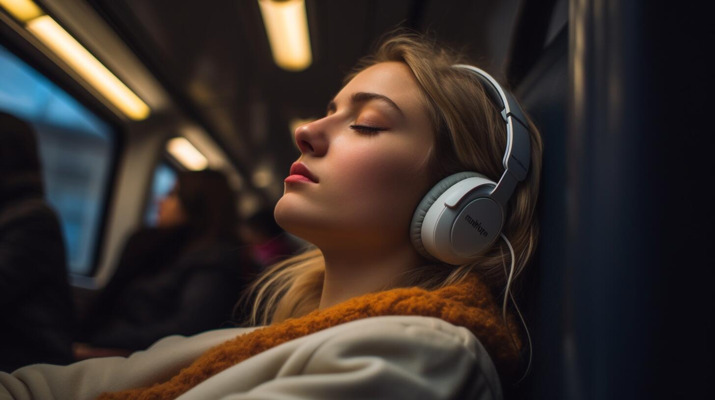 Mujer en transporte público, escuchando música con auriculares y disfrutando del viaje. Su expresión refleja serenidad y placer en medio del ajetreo urbano. (Imagen ilustrativa Infobae)