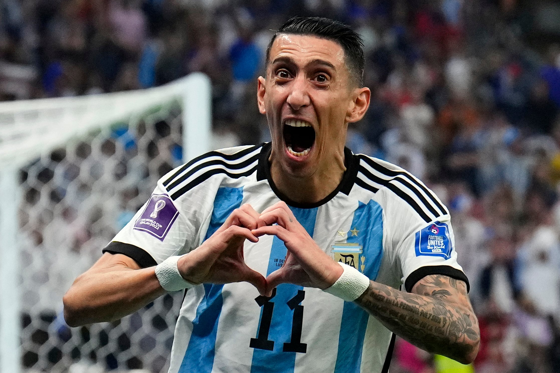 Ángel Di María celebra su gol en la final del Mundial de Qatar 2022 (AP Foto/Natacha Pisarenko)