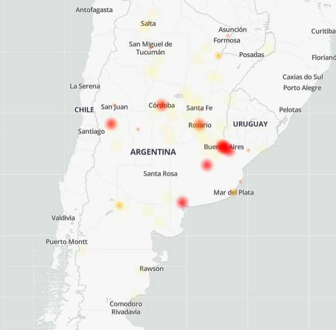 Ciudades argentinas afectadas por los fallos de envío de mensajes en Argentina. (Downdetector)