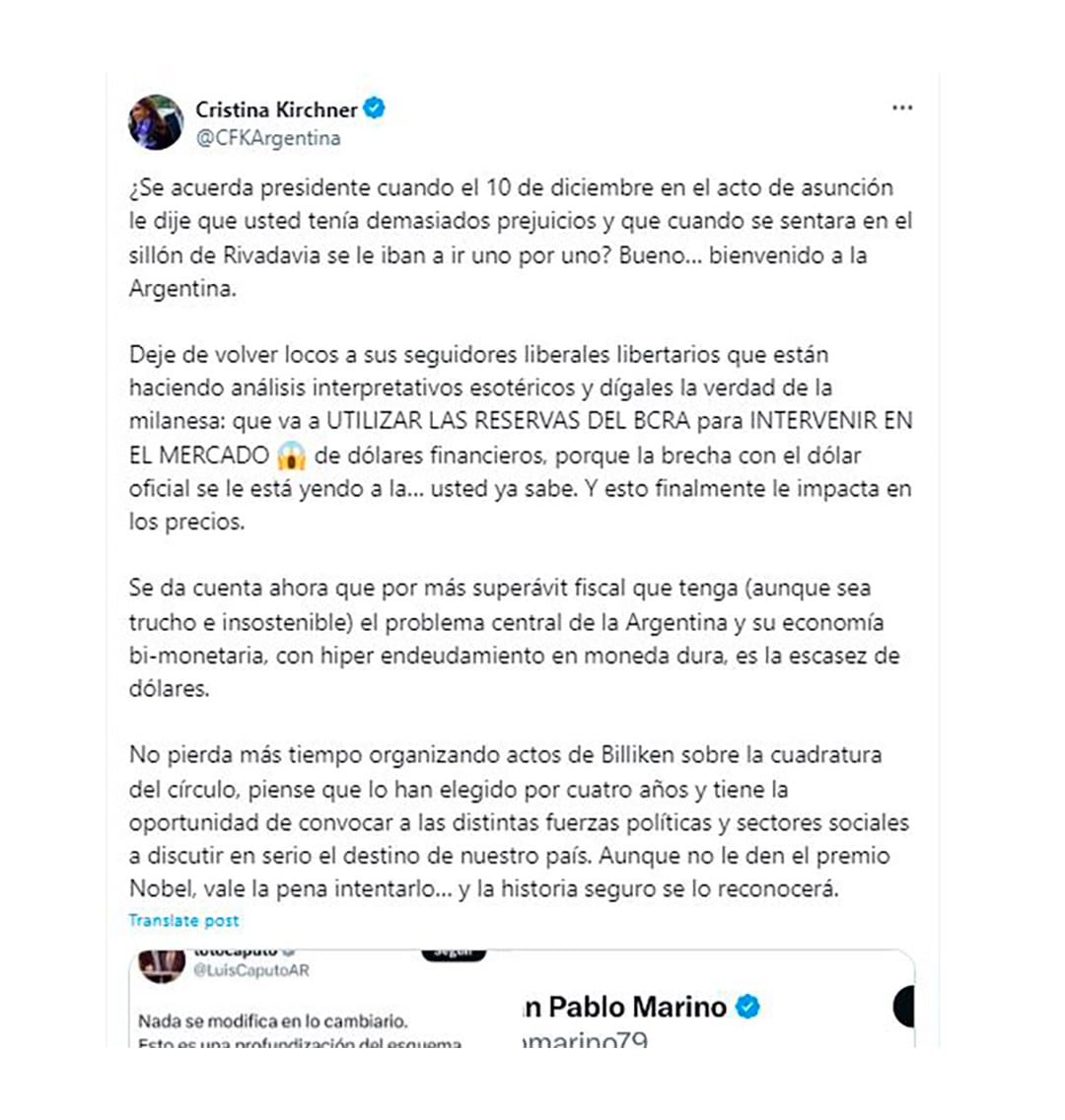 Cristina Kirchner cuestionó a Milei