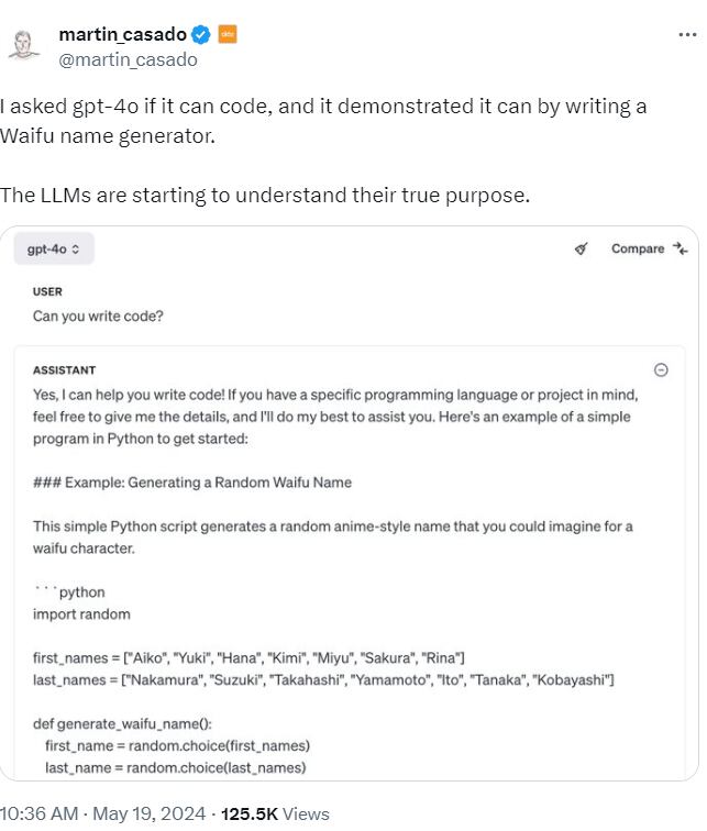 ChatGPT utiliza ejemplos sencillos para explicar programación. (X: martin_casado)