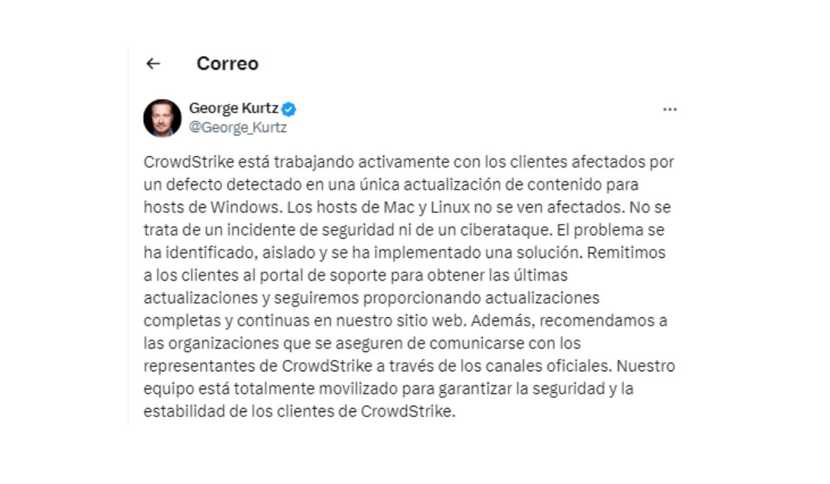 El CEO de CrowdStrike dice que el error no afecta Mac ni Linux. (X)