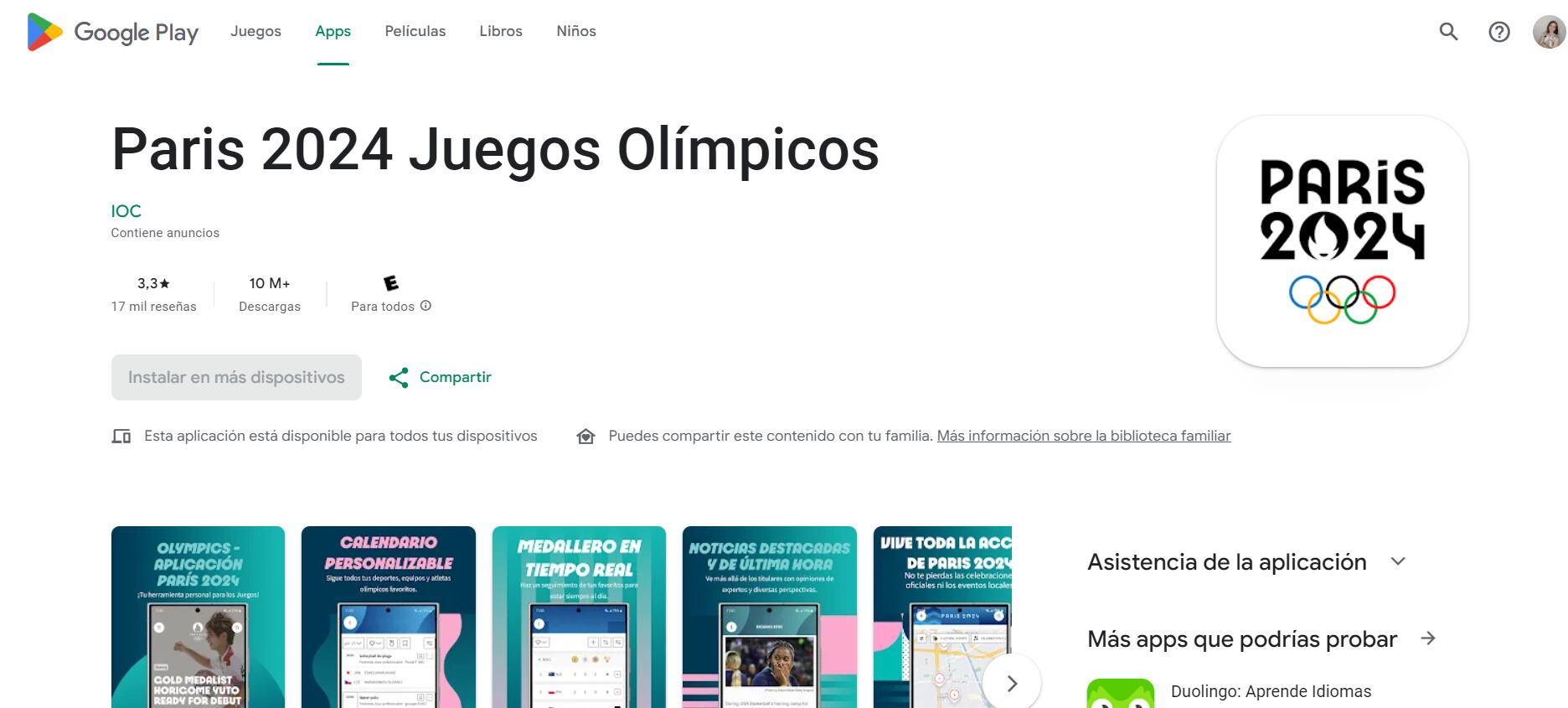 Para identificar la aplicación oficial de París 2024 es clave fijarse en el desarrollado, el cual es IOC. (Play Store)