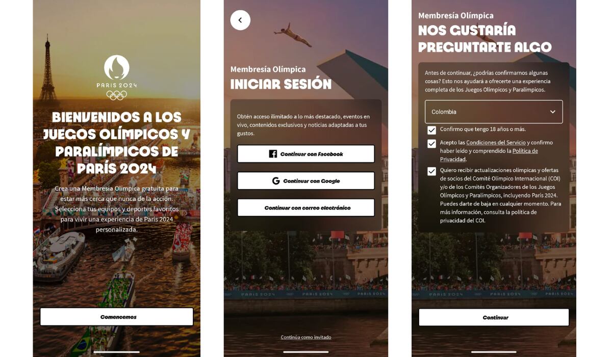 Los usuarios se pueden registrar con su cuenta de Facebook, Google o correo electrónico. (Aplicación Juegos Olímpicos París 2024)