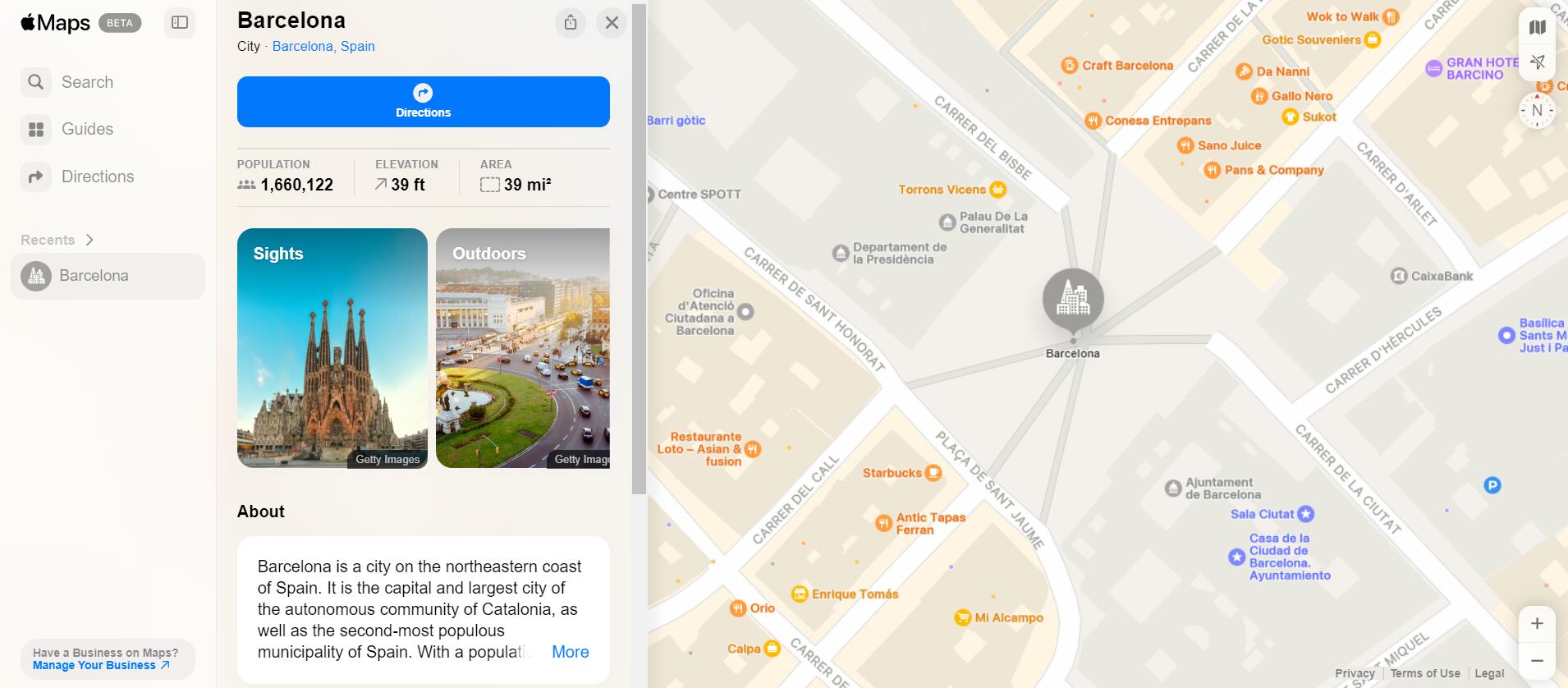 Al buscar ciudades turísticas, Maps ofrece un vista previa de los lugares más destacados. (Apple Maps)