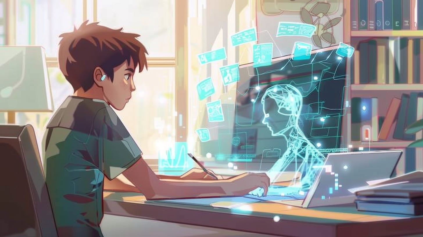 Ilustración, Joven adolescente utiliza computadora con IA para hacer la tarea - (Imagen Ilustrativa Infobae)