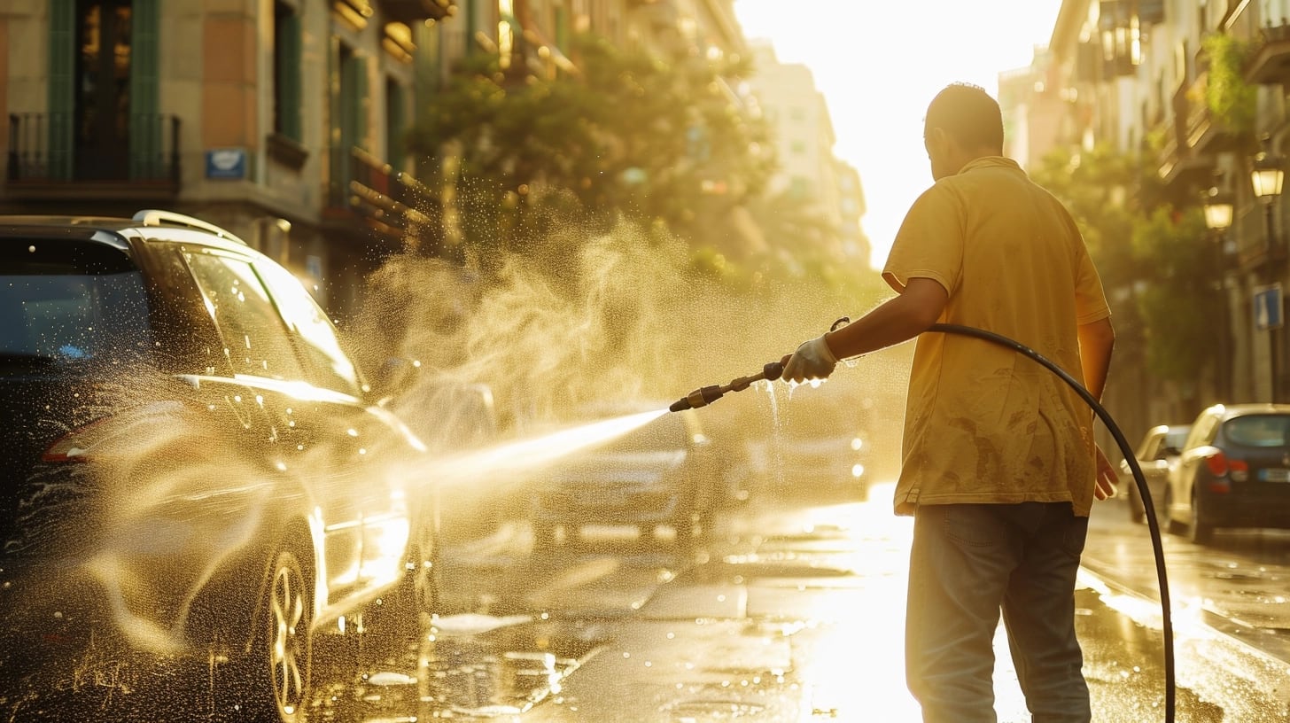 Un hombre es sancionado por realizar la limpieza de su vehículo en la vía pública, utilizando agua y detergente, una práctica prohibida en muchas ciudades por normativas ambientales y de convivencia. (Imagen ilustrativa Infobae