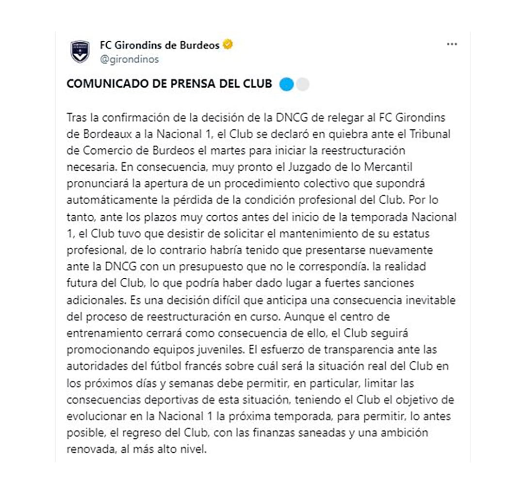 El comunicado del Girondins de Bordeaux