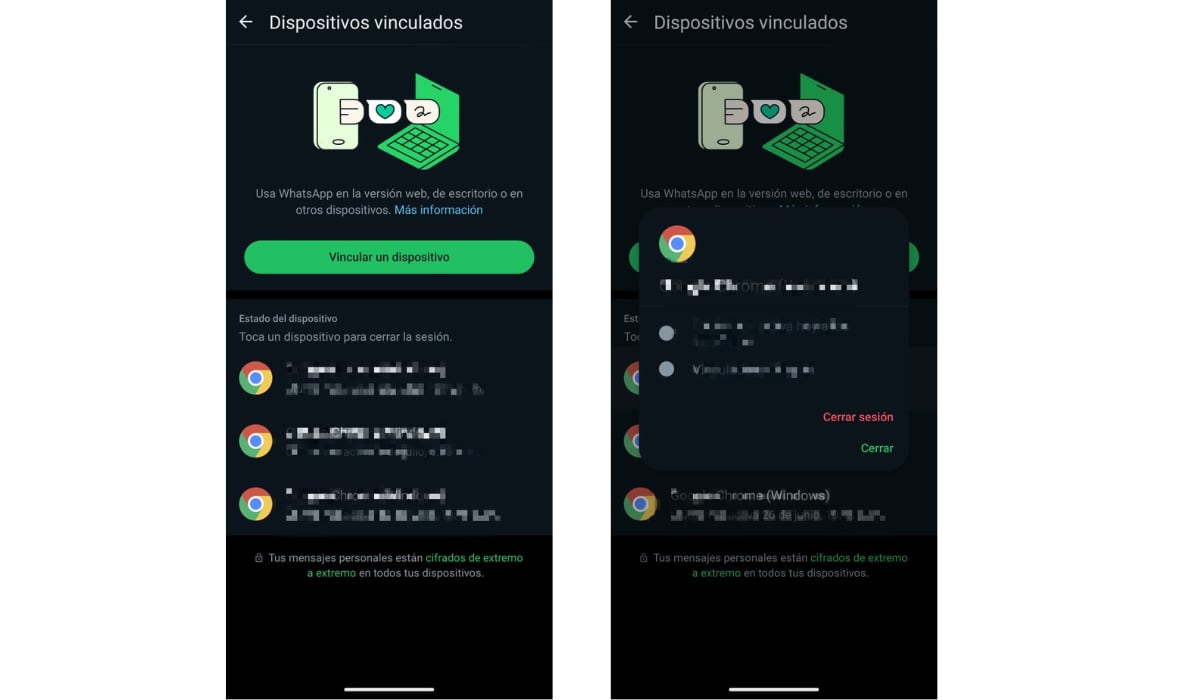 Es importante cerrar sesión si el usuario desconoce el dispositivo vinculado. (WhatsApp)