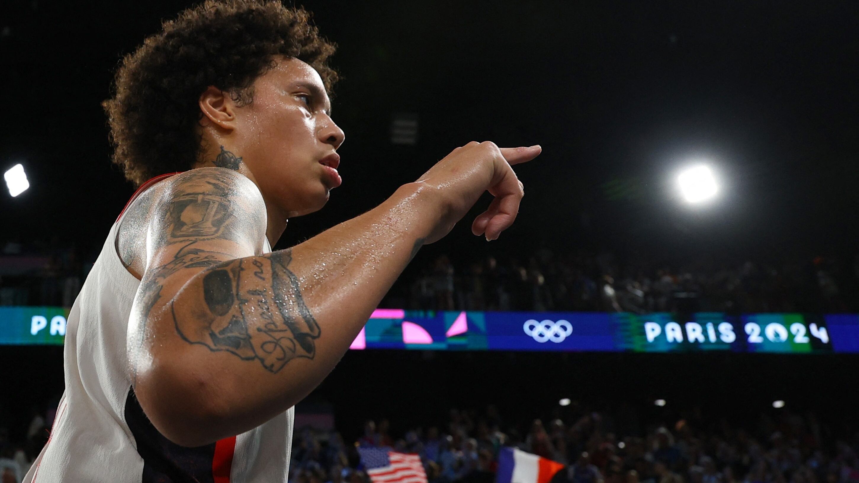 Paris 2024 Olympics - Basketball - Women's Semifinal - United States vs Australia - Bercy Arena, Paris, France - August 09, 2024. Brittney Griner of United States reacts after the team's win. REUTERS/Brian Snyder