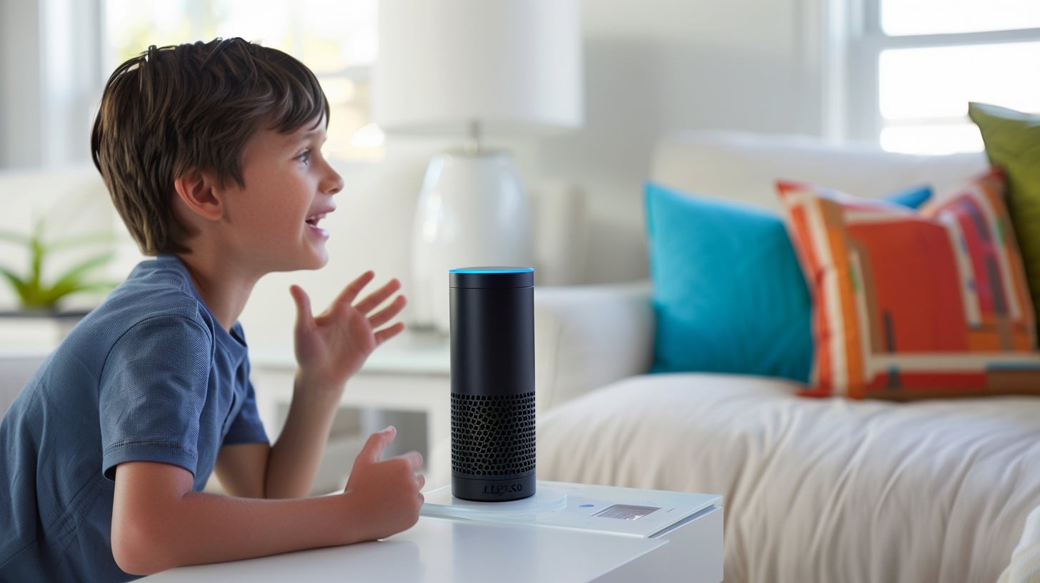 Un joven niño hombre de menos de 10 años conversando, hablando, interactuando con Alexa - (Imagen Ilustrativa Infobae)