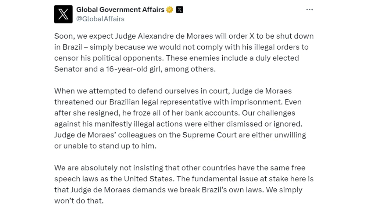 X no ubicará un nuevo representante legal en Brasil. (X: GlobalAffairs)