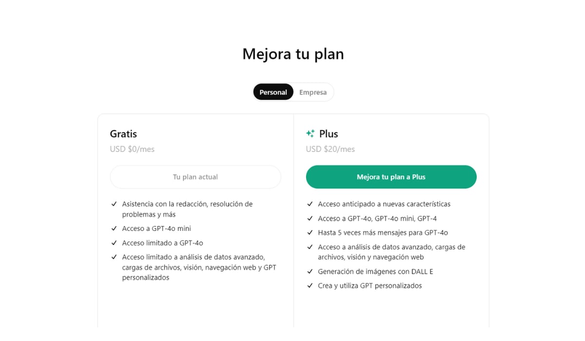 ChatGPT ofrece dos tipos de planes para cuentas personales: gratis y Plus. (ChatGPT)