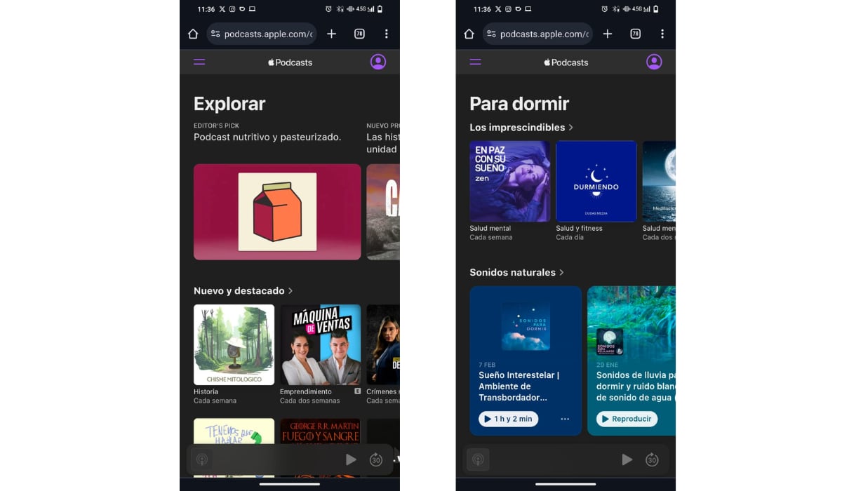 Así luce la plataforma web de Apple Podcasts en Chrome a través de un dispositivo Android. (Apple Podcasts)