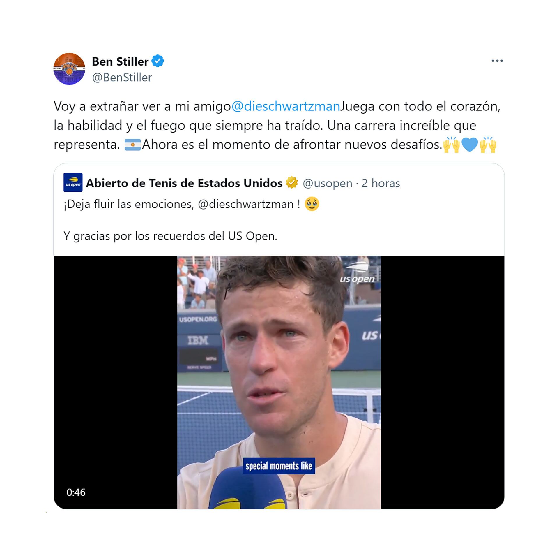 El mensaje de Ben Stiller para Peque Schwartzman tras su último partido en un Grand Slam