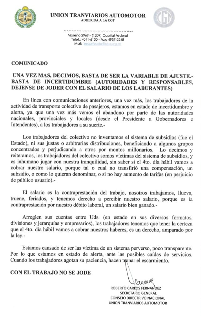 El comunicado de la UTA tras la posible interrupción de servicios en el AMBA a partir de septiembre