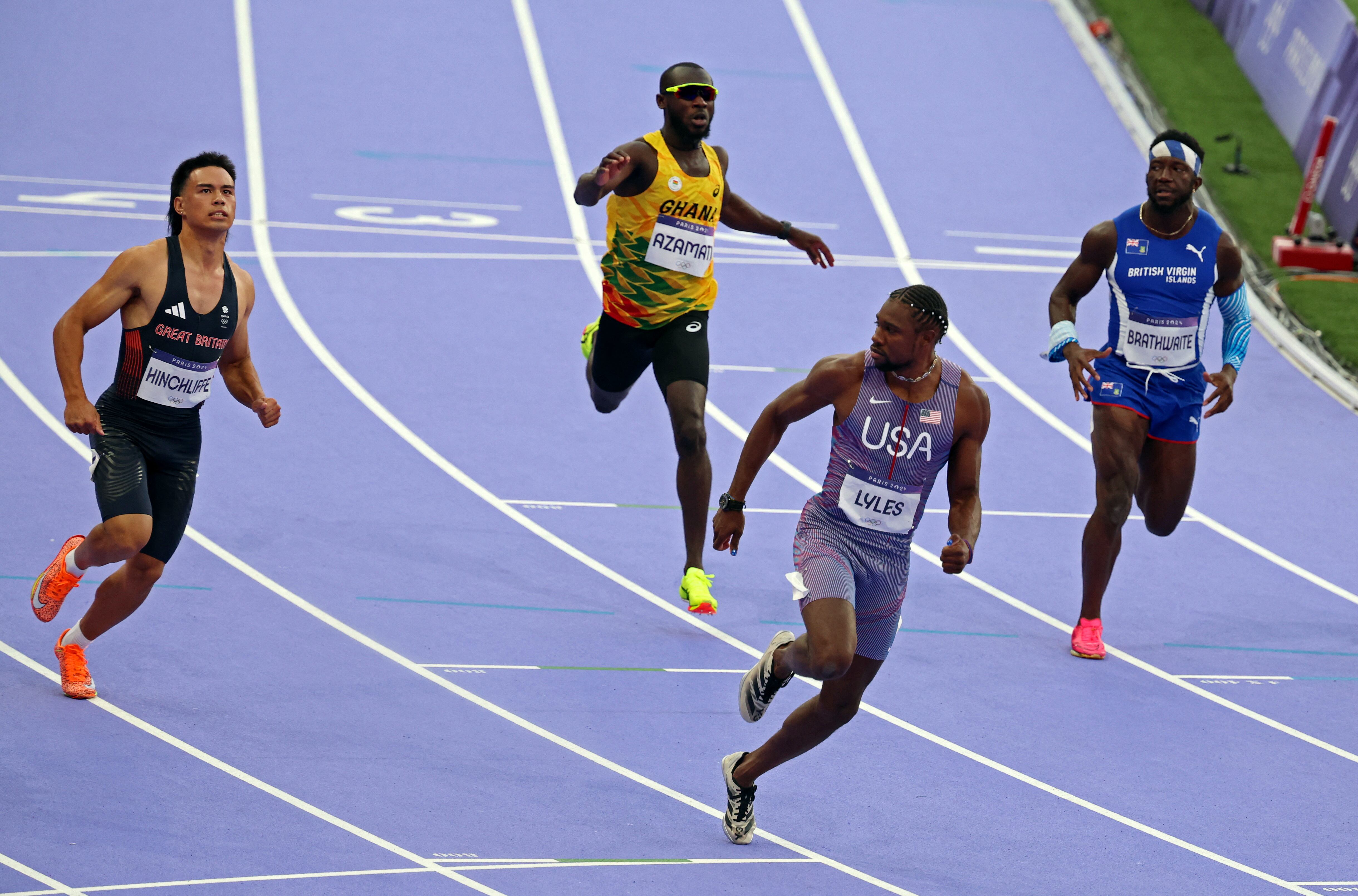 Paris 2024 Olympics - Athletics - Men's 100m Semi-Final 1 - Stade de France, Saint-Denis, France - August 04, 2024. Noah Lyles of United States reacts after finishing second in semi final 1. REUTERS/Phil Noble