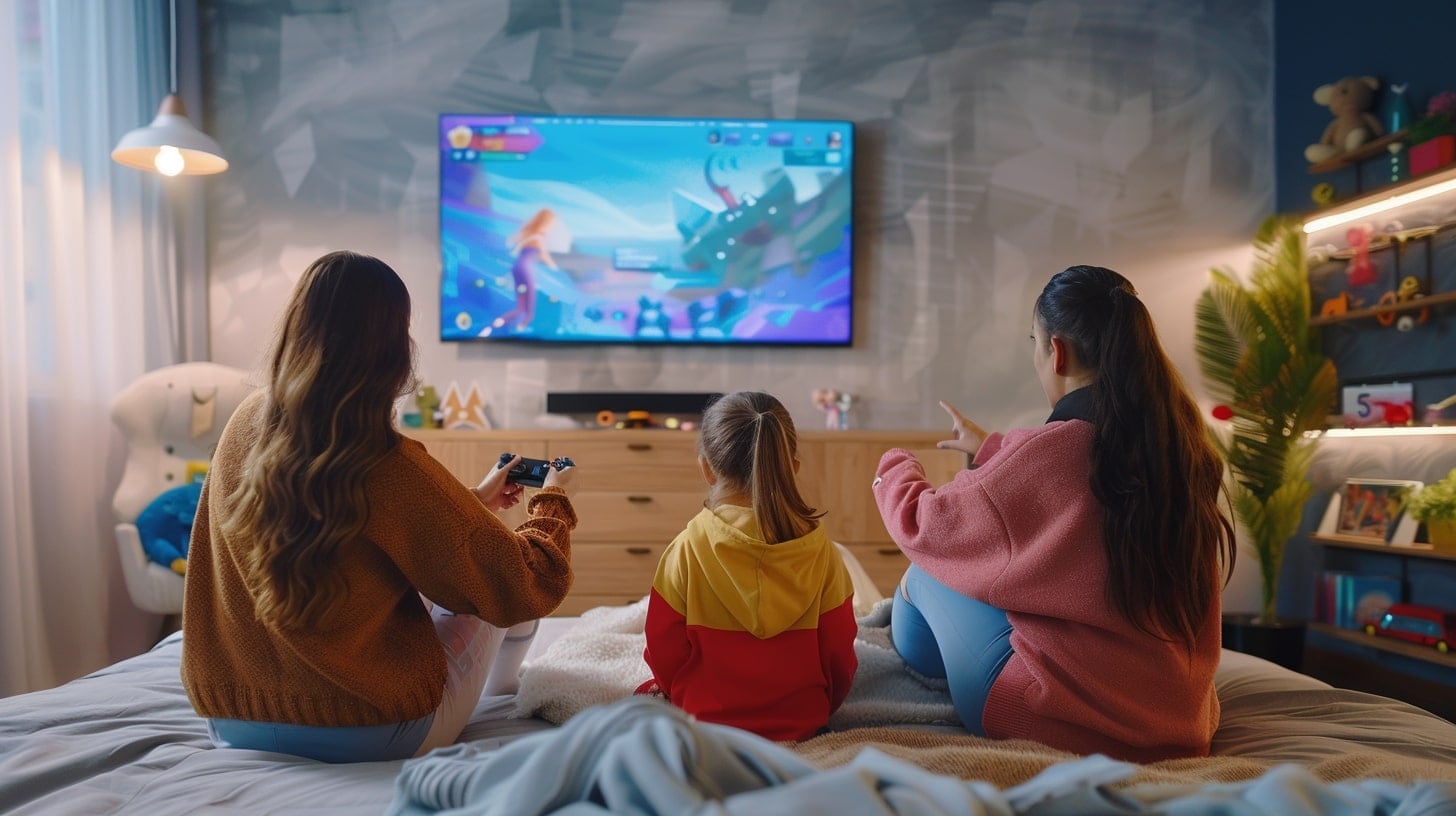 Familia jugando videojuegos, conexión intergeneracional, diversión digital, entretenimiento en casa, padres e hijos, tiempo juntos. - (Imagen Ilustrativa Infobae)