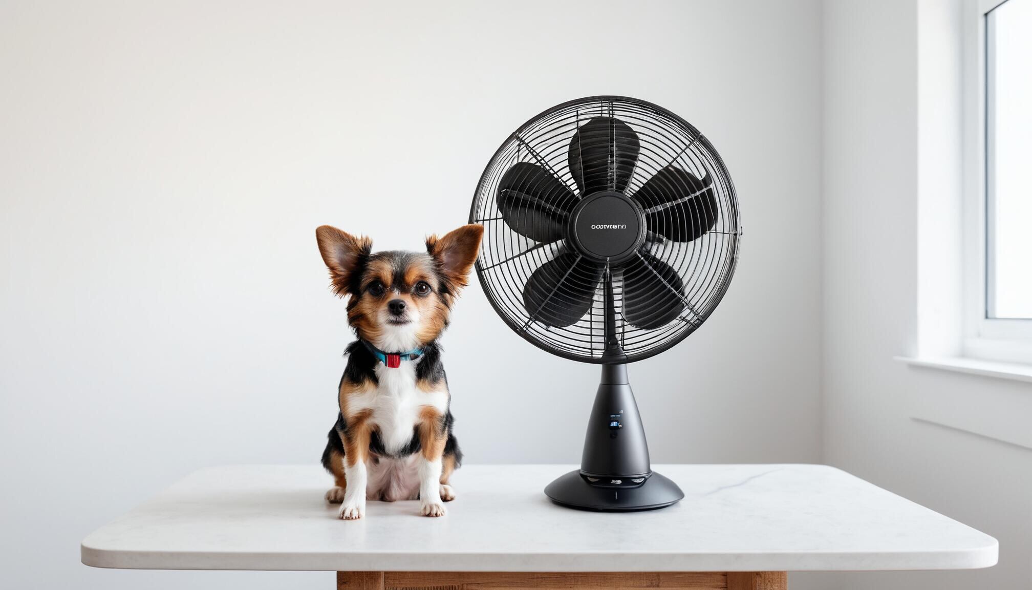 Canino se refresca con aire de ventilador en día caluroso de verano, demostrando cómo las mascotas también sufren por el aumento de las temperaturas y la necesidad de cuidados especiales durante la alerta naranja en la ciudad. La foto enfatiza la responsabilidad de los propietarios en proveer un ambiente seguro y cómodo para sus animales. (Imagen ilustrativa Infobae)