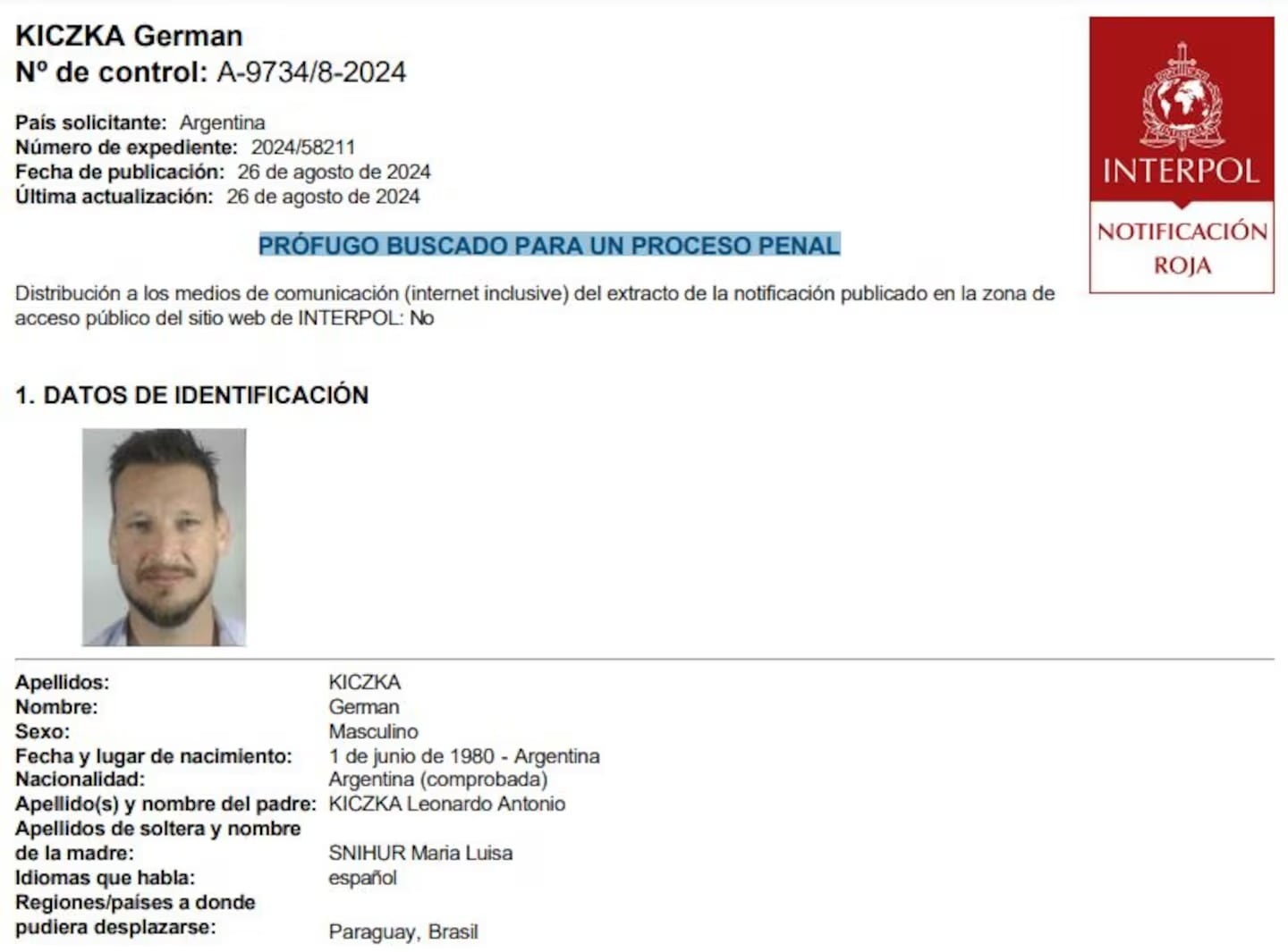 Interpol emite alerta roja por Germán Kiczka